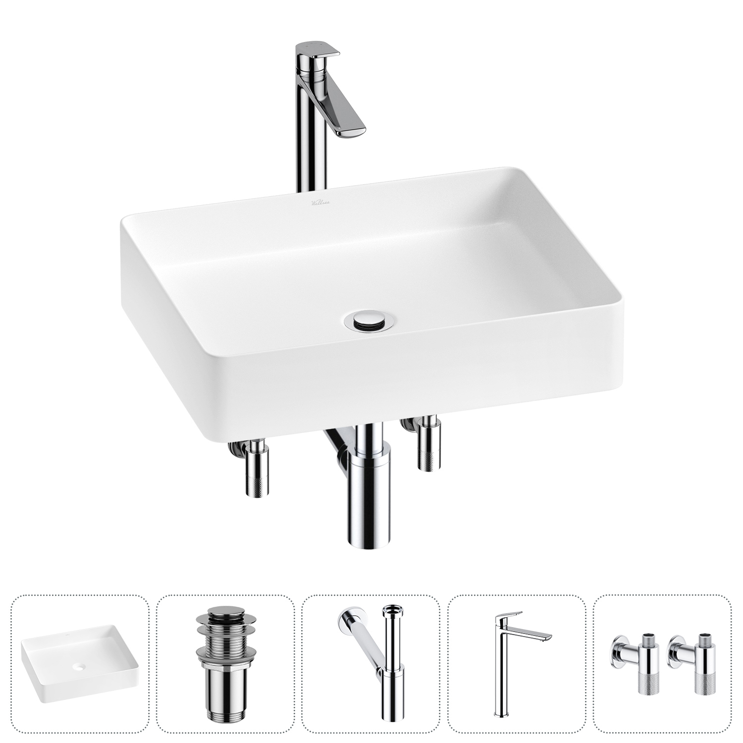 Изображение товара Раковина Wellsee Freedom 2.0 51 см комплект с сифоном и смесителем матовая белая