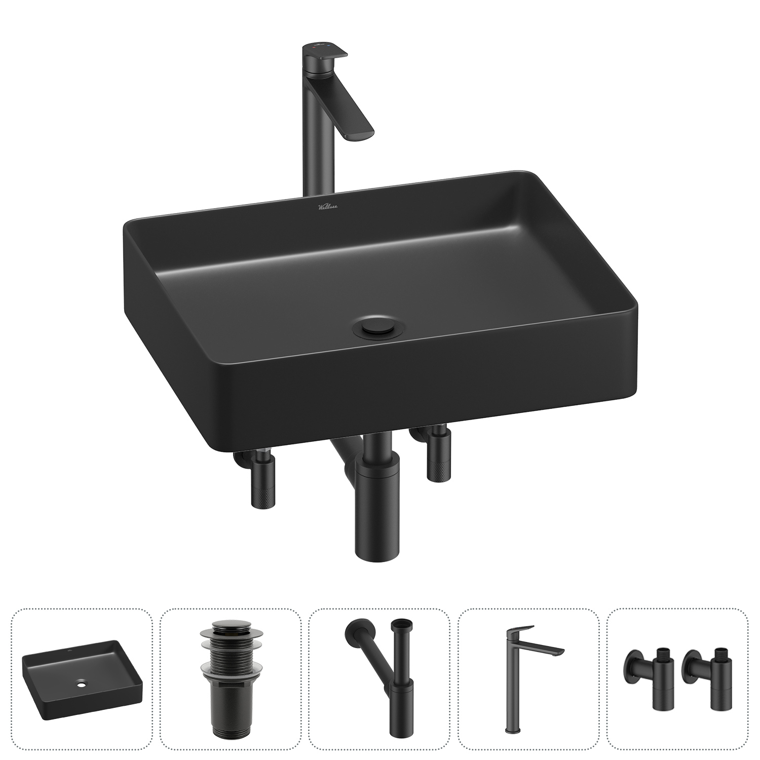 Изображение товара Раковина Wellsee Freedom 2.0 51 см черный матовый комплект с сифон и смесителем