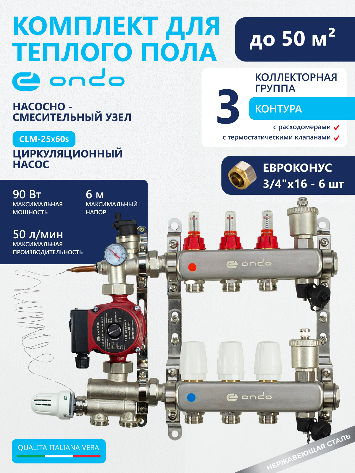Изображение товара Коллекторная группа с расходомерами Ondo 3SETKGNSUPMP 1"x3/4" евроконус 3 выхода нержавеющая сталь
