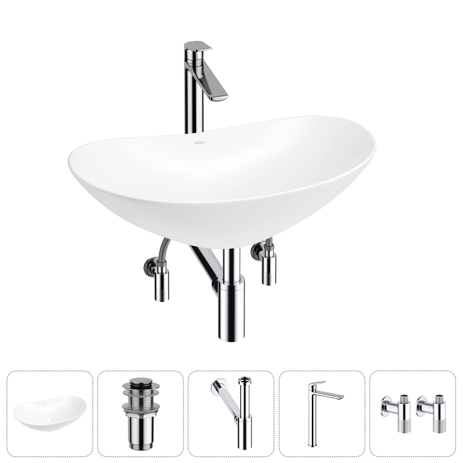 Изображение товара Раковина Wellsee Carefree Dove 53 см 5 в 1 с сифоном и смесителем белая