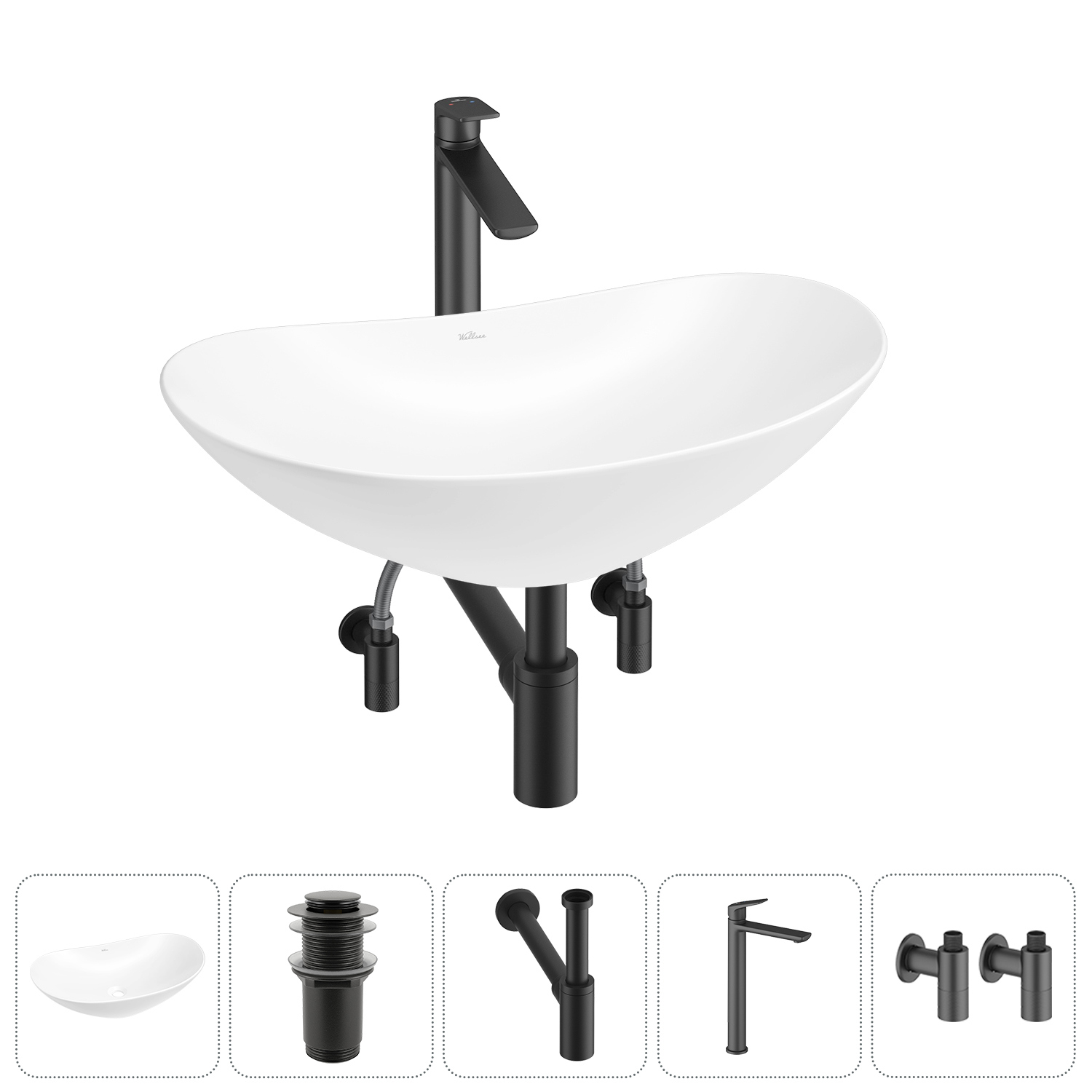 Изображение товара Раковина Wellsee Carefree Dove 60 см 5 в 1 с сифон и смесителем, белая