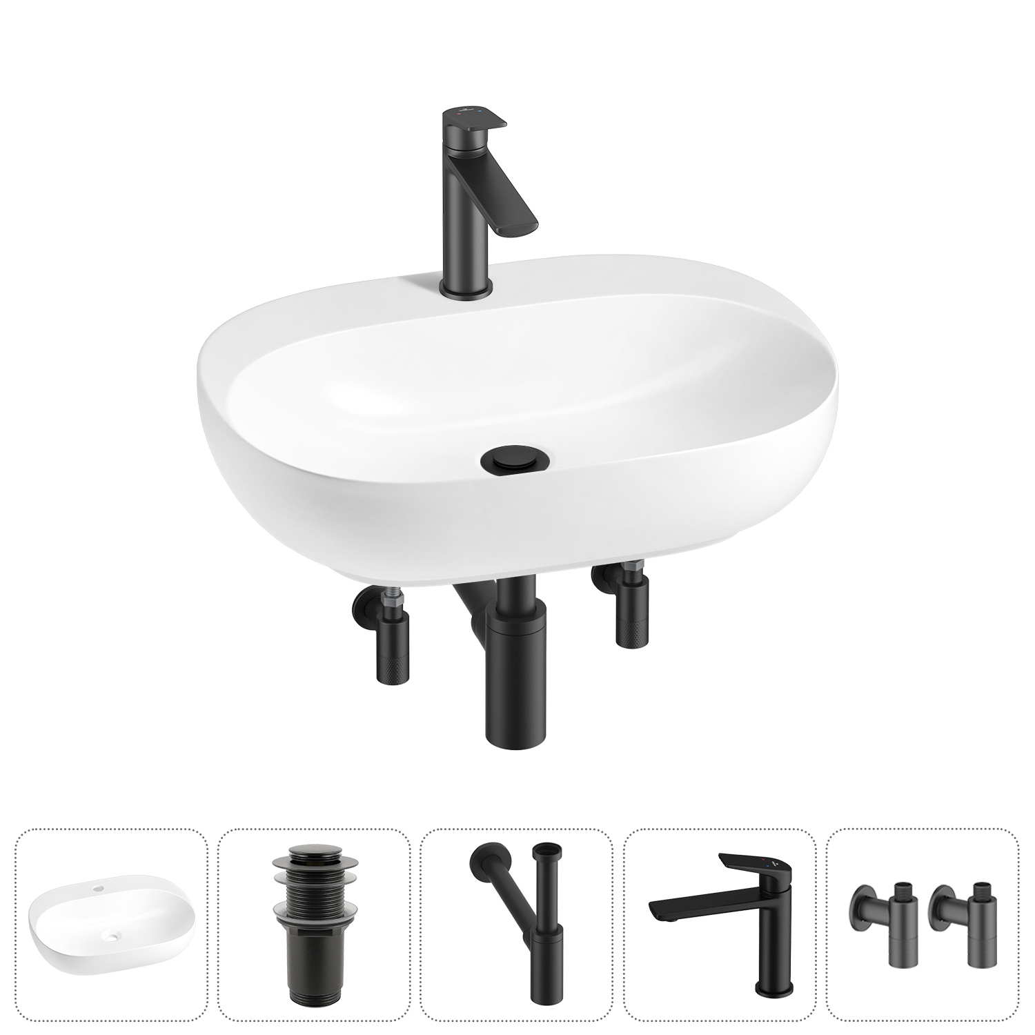Изображение товара Раковина Wellsee Pro Line 53 см комплект 5 в 1 белая и черная сантехника