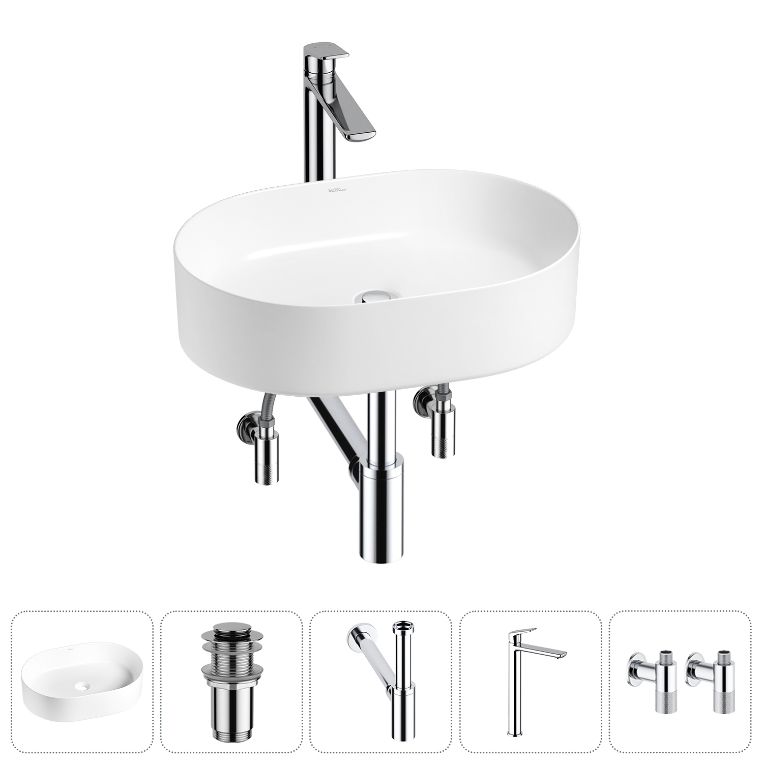 Изображение товара Раковина Wellsee Belle Spa 50 см комплект с сифоном смесителем и вентилями