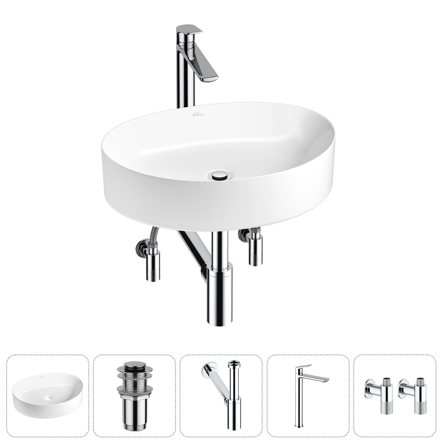 Изображение товара Раковина Wellsee Belle Spa 2.0 50 см комплект 5 в 1 с сифоном и смесителем