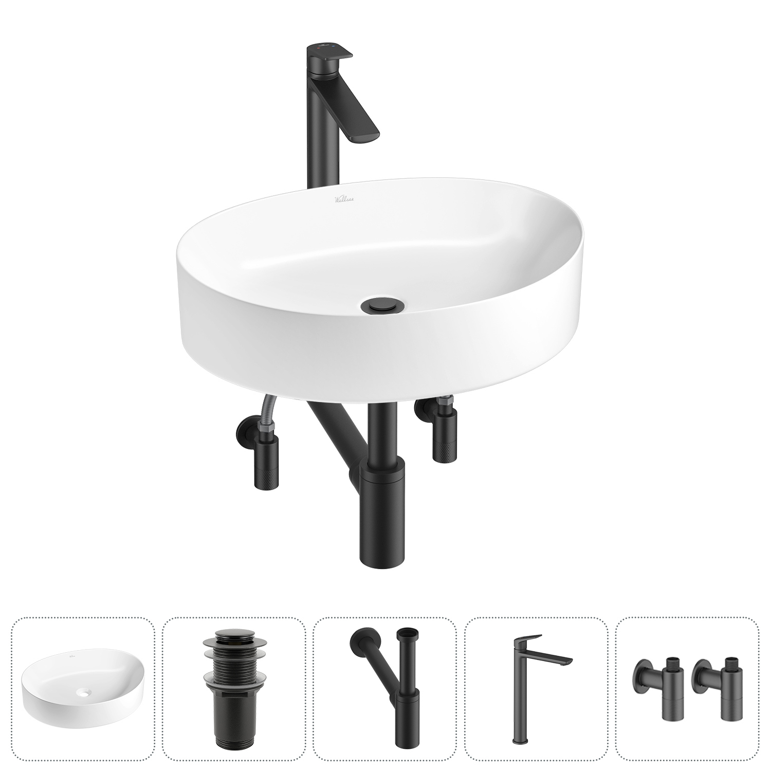 Изображение товара Раковина Wellsee Belle Spa 2.0 50см 5 в 1 с сифоном смесителем и вентиля