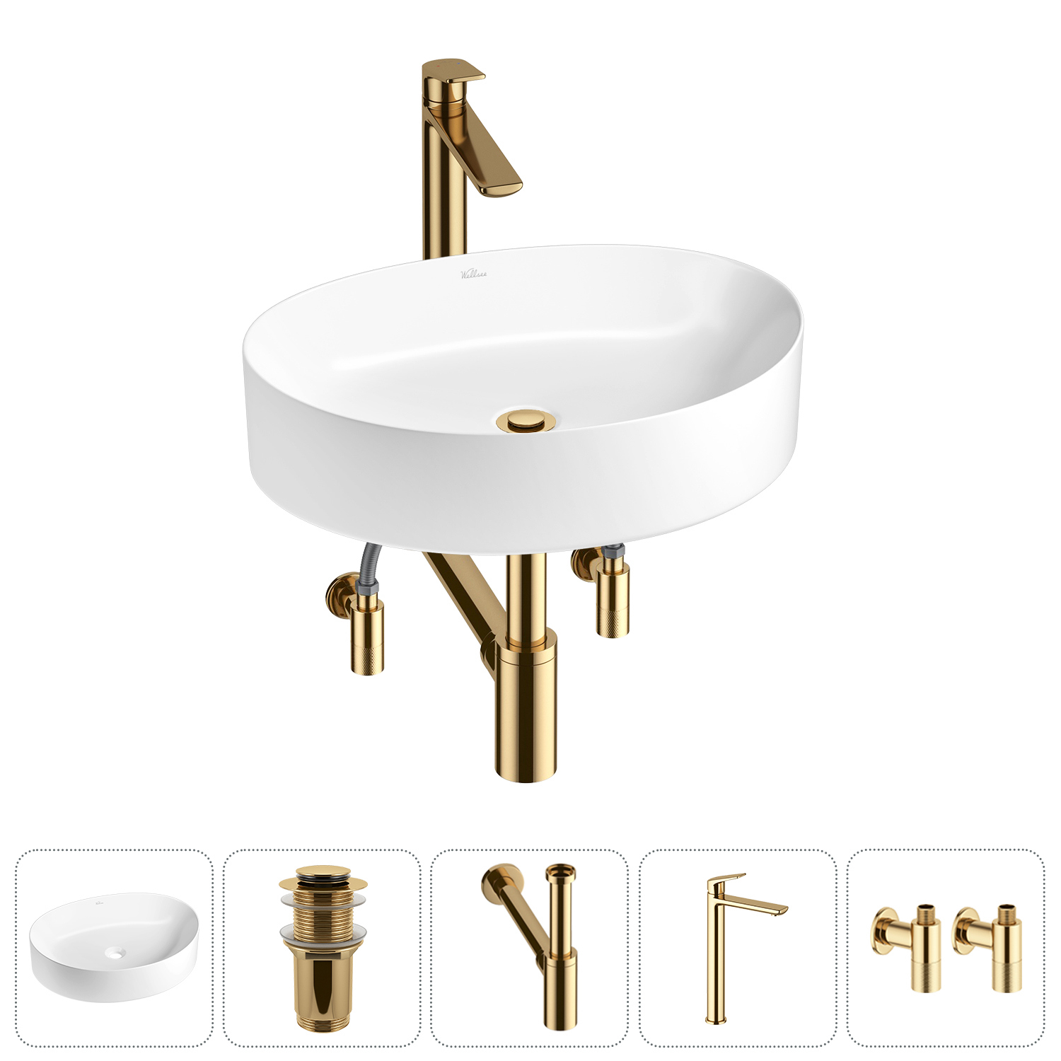 Изображение товара Раковина Wellsee belle spa 2.0 50 см комплект в 5 в 1 с сифоном смесителем и вентилями