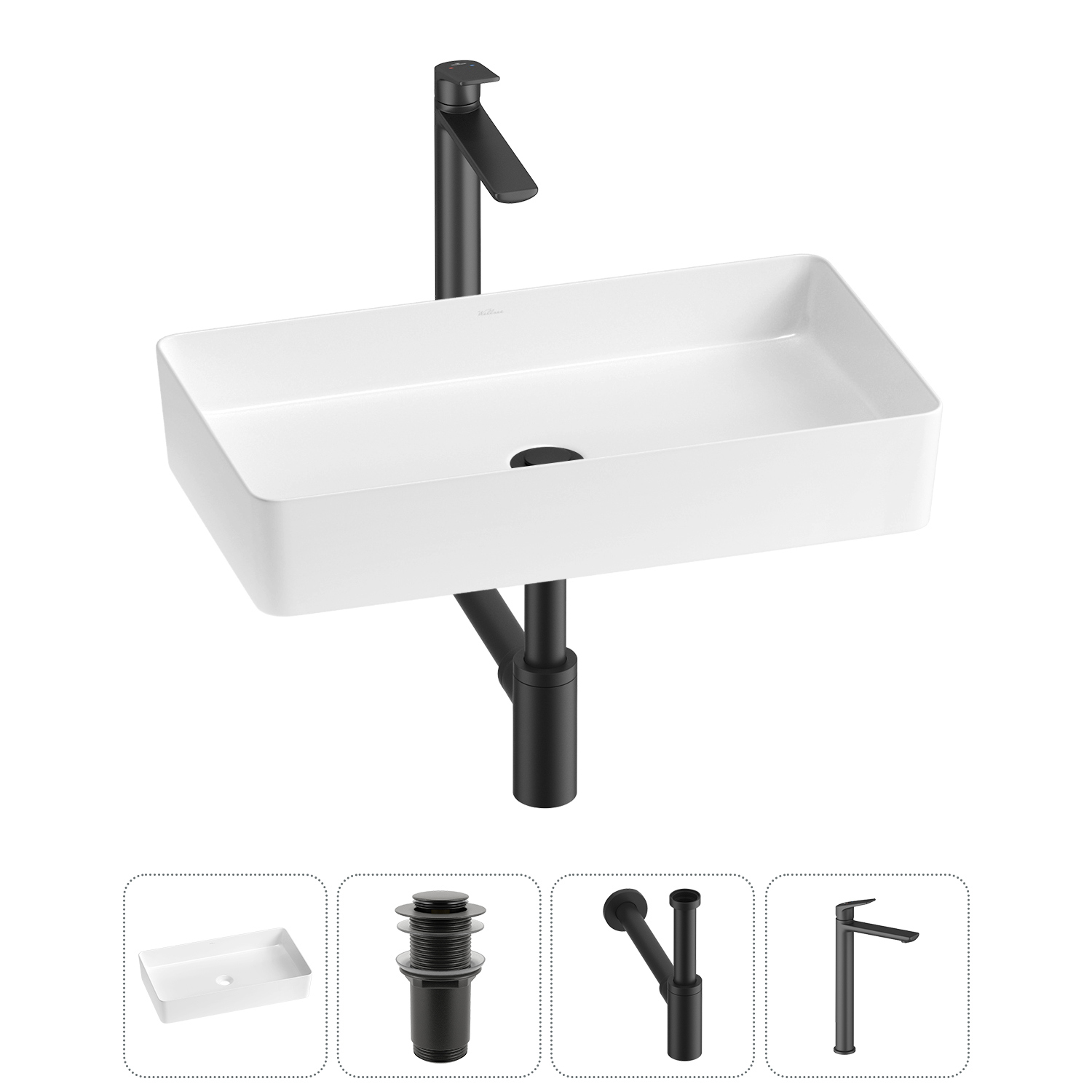 Изображение товара Раковина Wellsee freedom 2.0 60 см глянцевая в комплекте с сифоном и смесителем