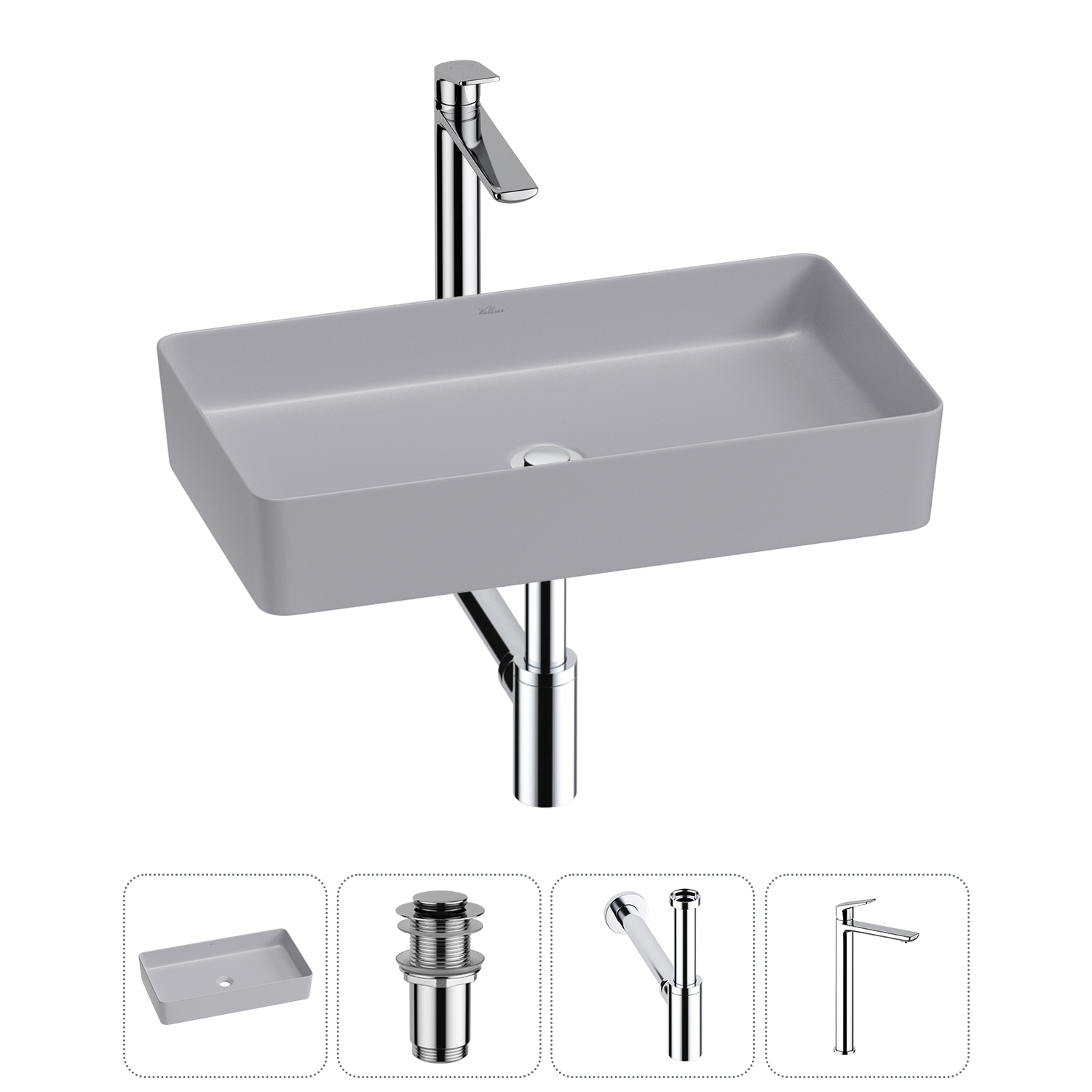 Изображение товара Раковина Wellsee freedom 2.0 20214581R 60см комплект 4 в 1 с сифон и смесителем