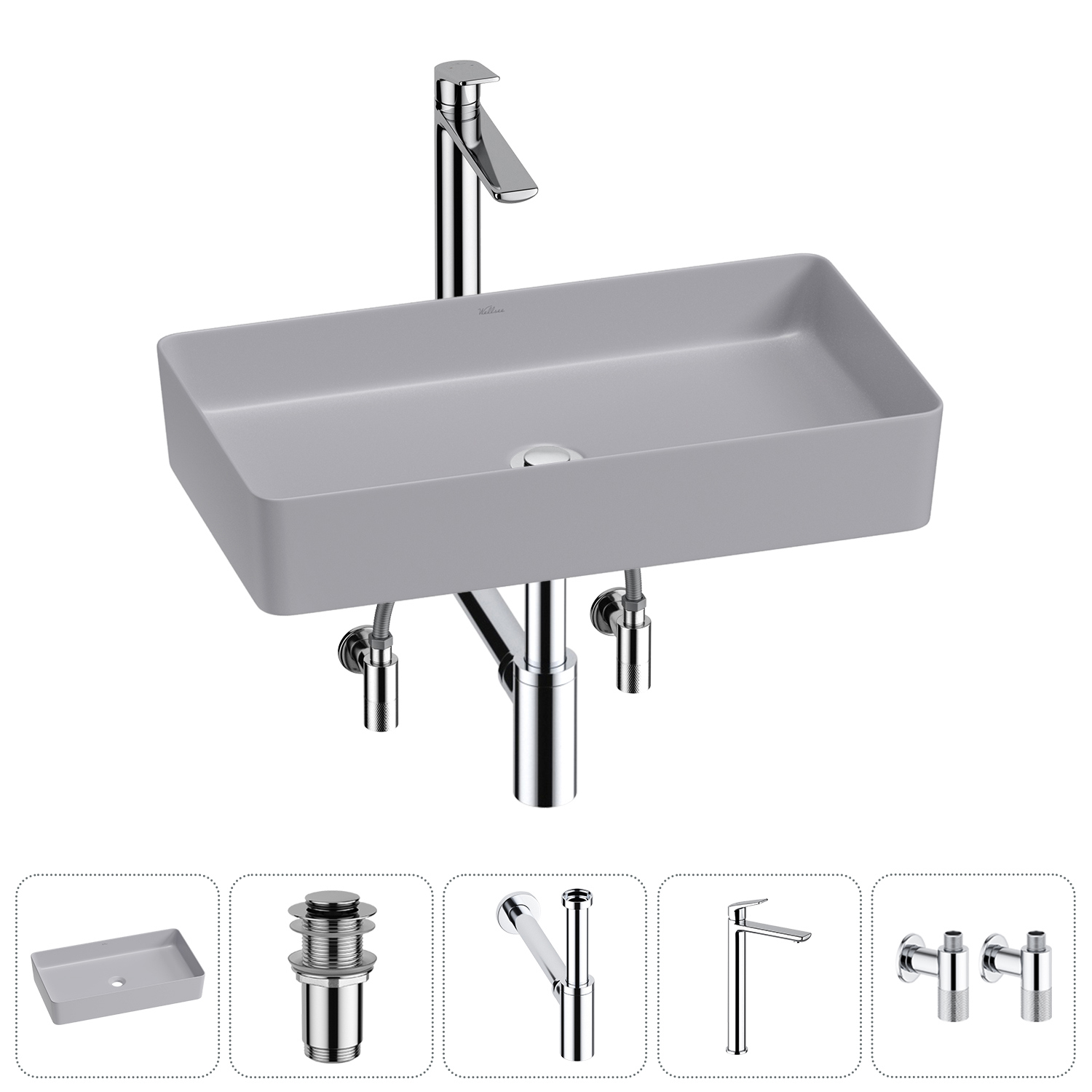 Изображение товара Раковина Wellsee FreeDom 2.0 60 см 5 в 1 с сифоном смесителем и вентилями