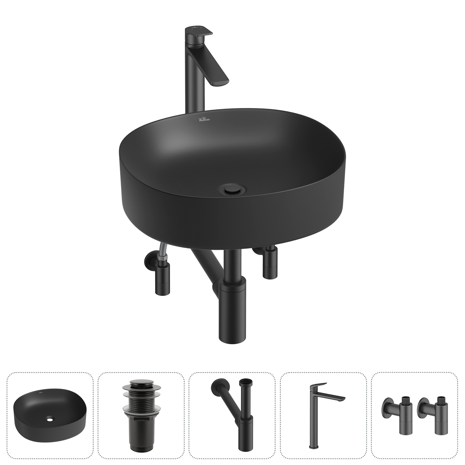 Изображение товара Раковина Wellsee Belle Spa 2.0 45 см черная комплект с сифоном и смесителем