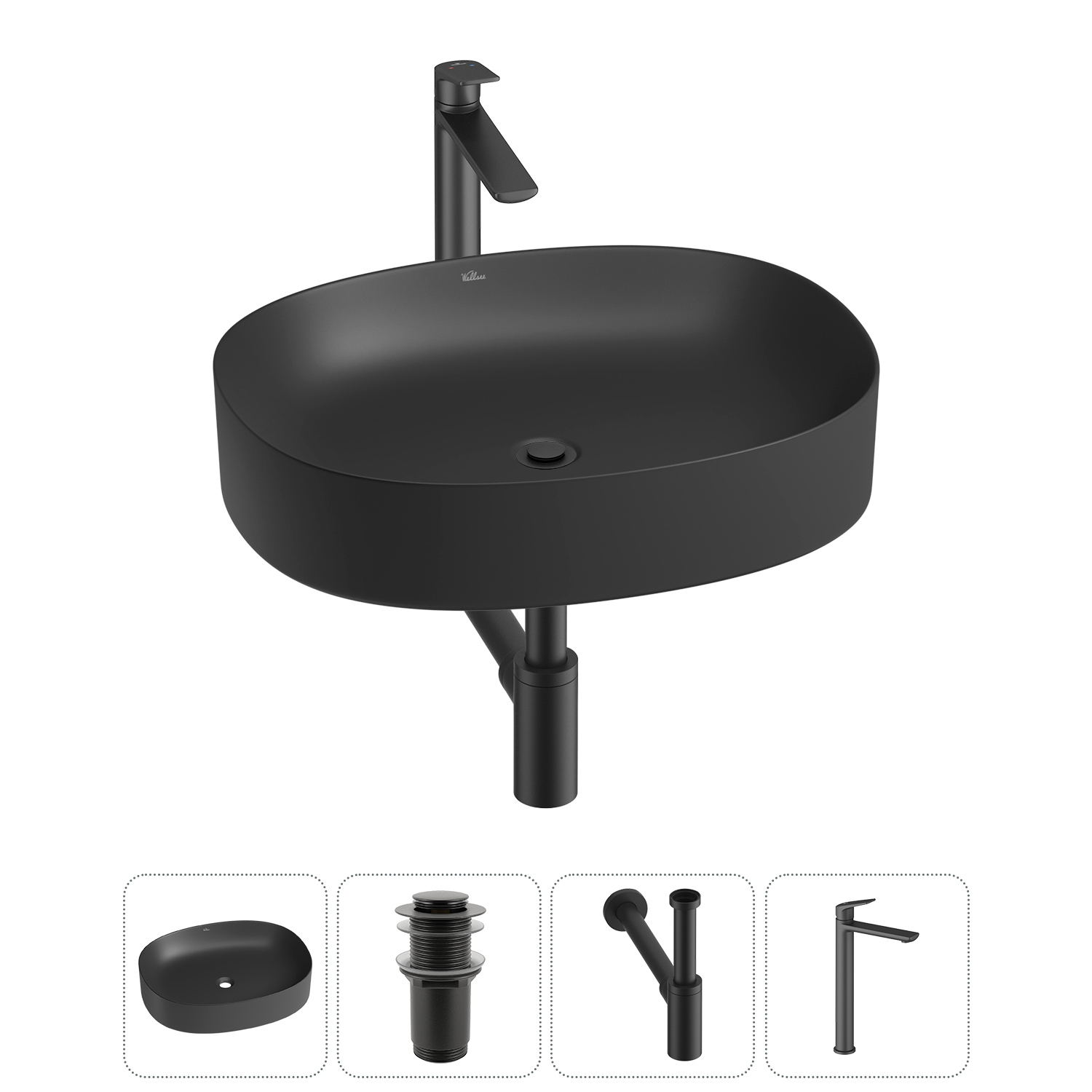 Изображение товара Раковина Wellsee Belle Spa 2.0 55см 4 в 1 с сифоном и смесителем матовая черная