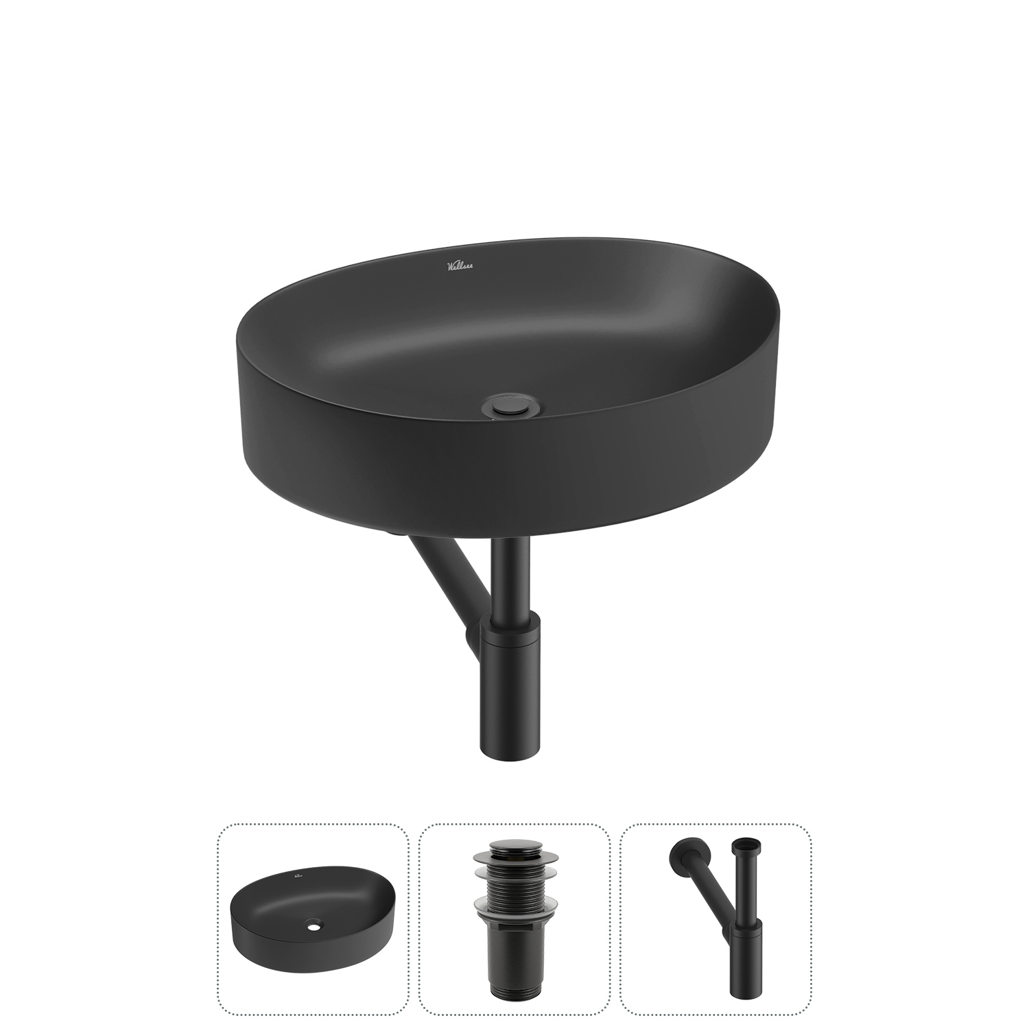 Изображение товара Раковина Wellsee Belle Spa 2.0 50см матовая черная комплект с сифоном