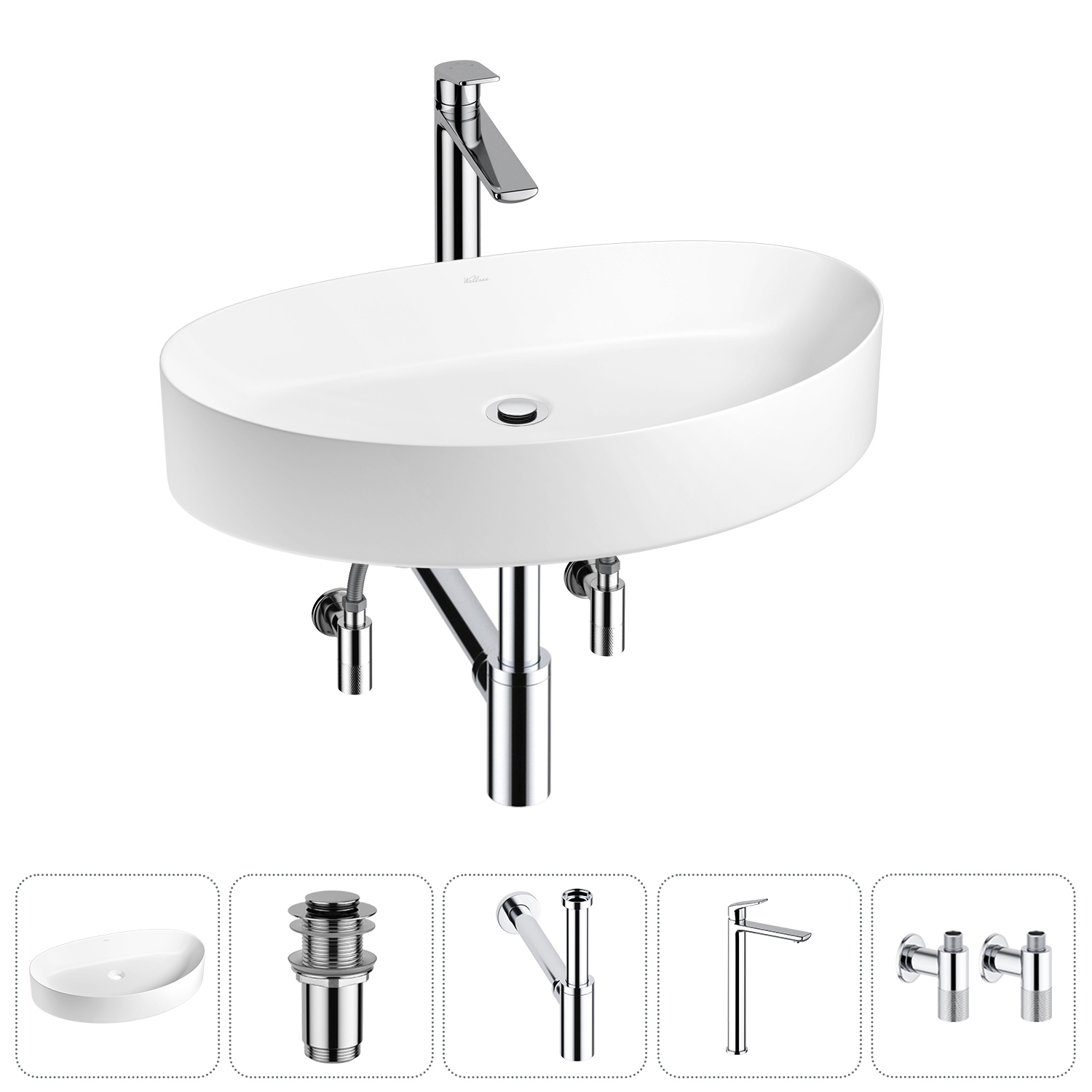 Изображение товара Раковина Wellsee Belle Spa 2.0 65 см 5 в 1 с сифоном смесителем и вентилями