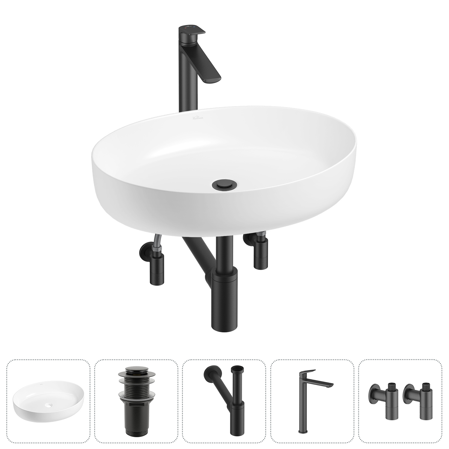 Изображение товара Раковина Wellsee belle spa 3.0 55 см 5 в 1 с сифоном смесителем и вентилями