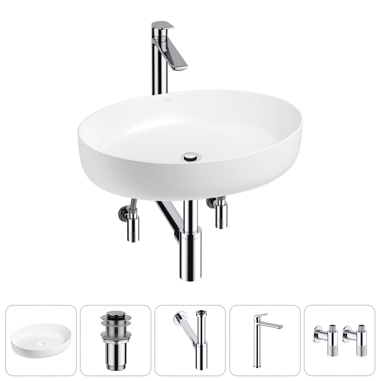 Изображение товара Раковина Wellsee Belle Spa 3.0 55 см в комплекте с сифоном смесителем и вентилями