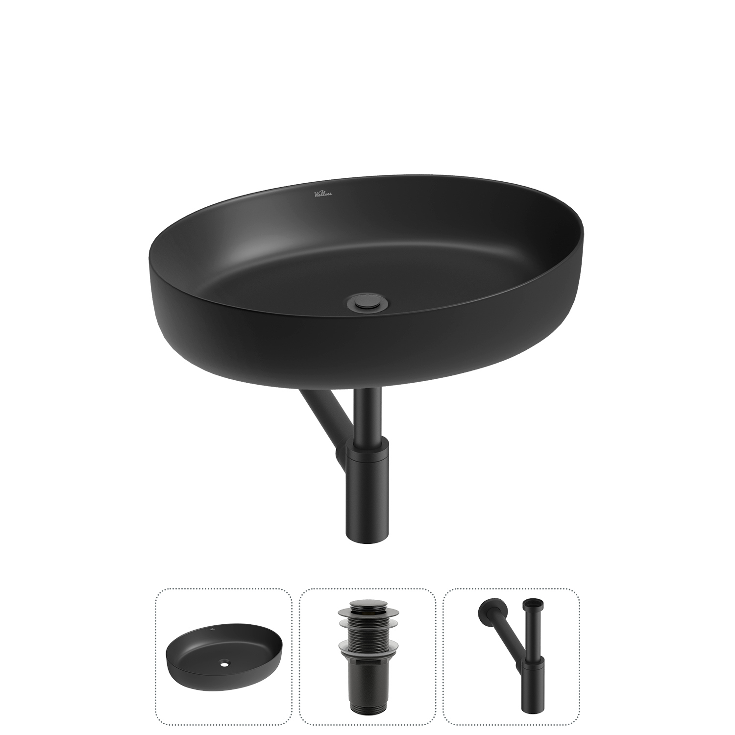 Изображение товара Раковина Wellsee Belle Spa 3.0 55 см черный матовый комплект с сифоном и клапаном