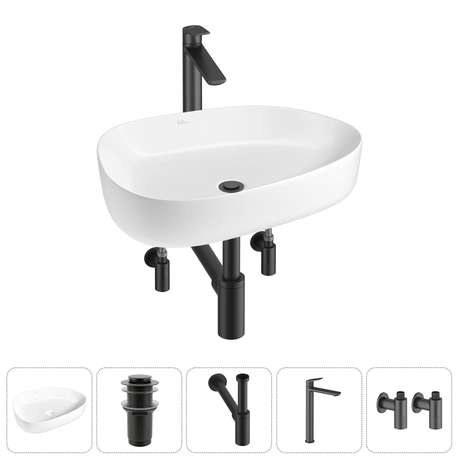 Изображение товара Раковина Wellsee Belle Spa 3.0 55 см 5 в 1 с сифоном смесителем и вентилями