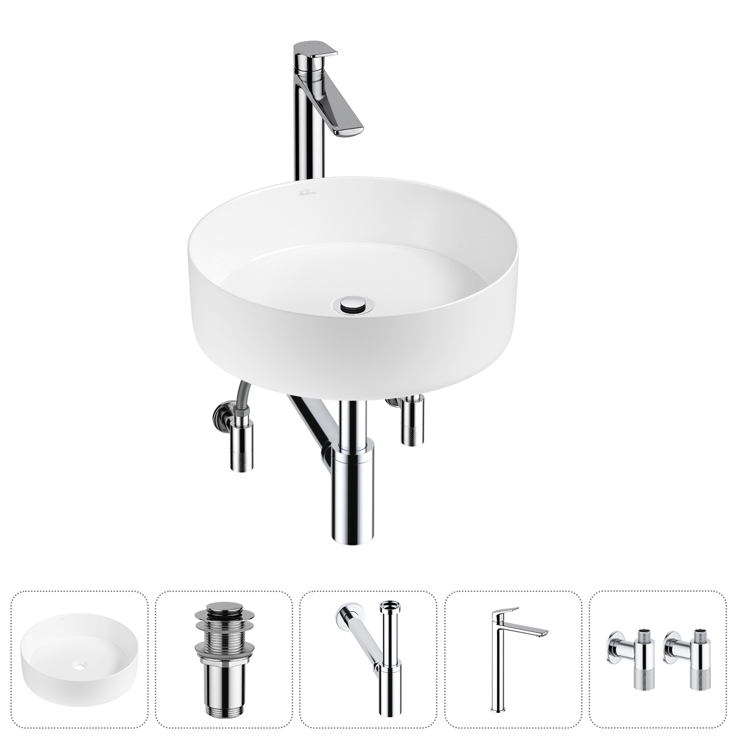 Изображение товара Раковина Wellsee coax 20213875R 30см цвет раковина 5 в 1: д/к, сифон, смеситель, вентили
