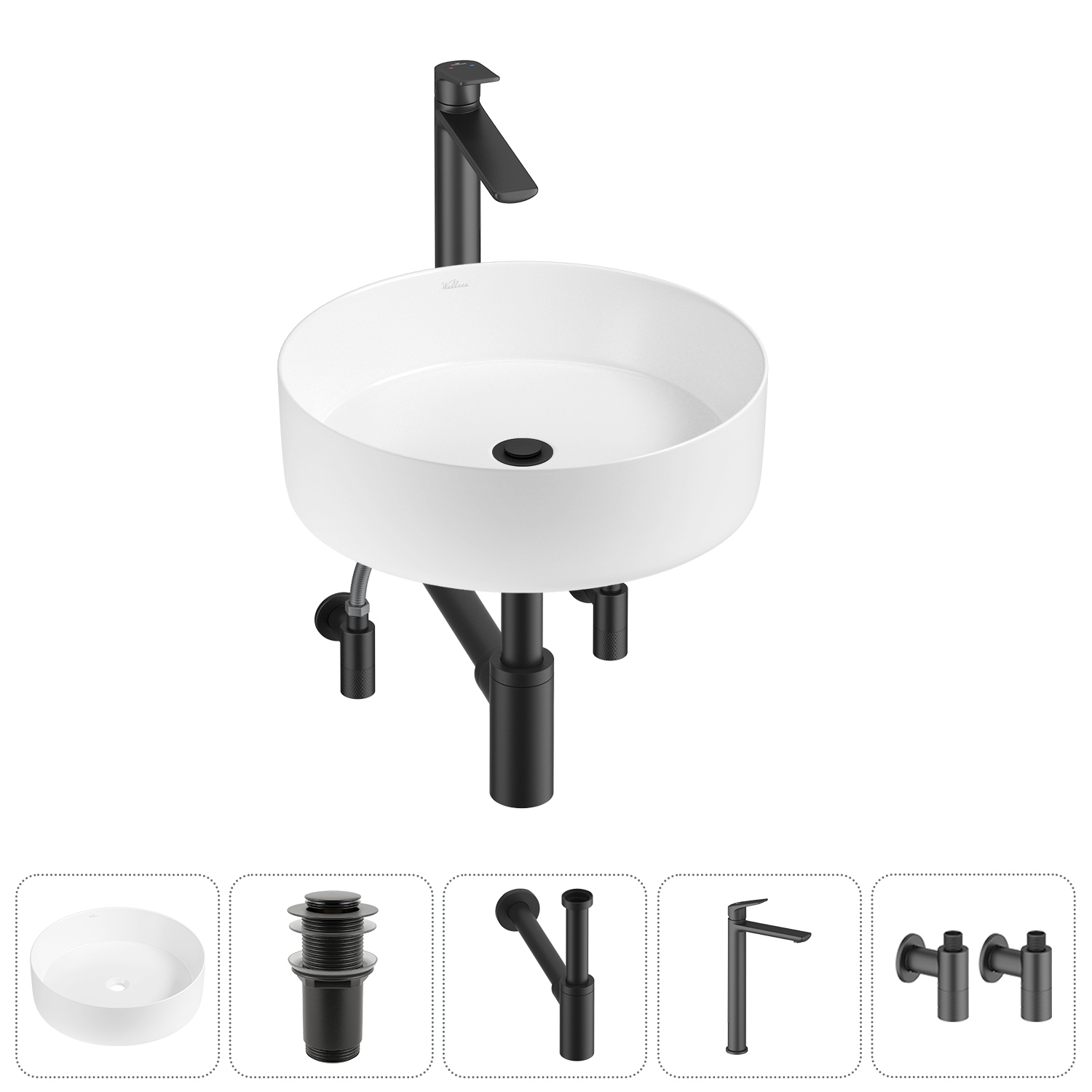 Изображение товара Раковина Wellsee coax 20213908R 40см 5 в 1 комплект с сифоном и смесителем