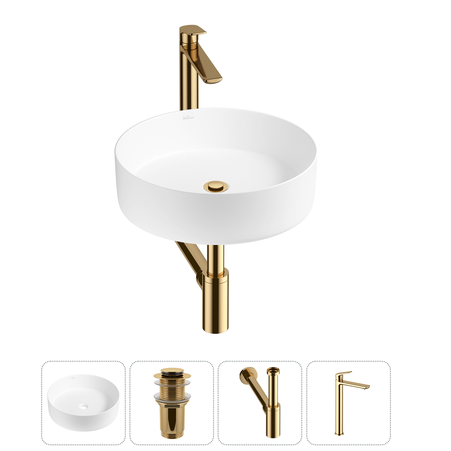 Изображение товара Раковина Wellsee coax 36см 4 в 1 с сифоном смесителем и донным клапаном