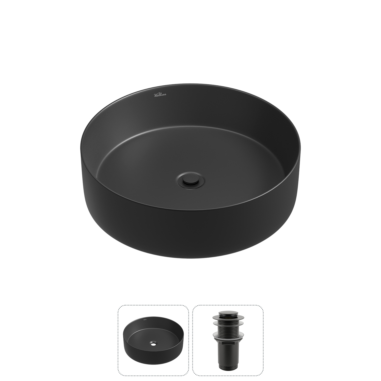 Изображение товара Раковина Wellsee coax 20213972R 36см черная матовая с донным клапаном
