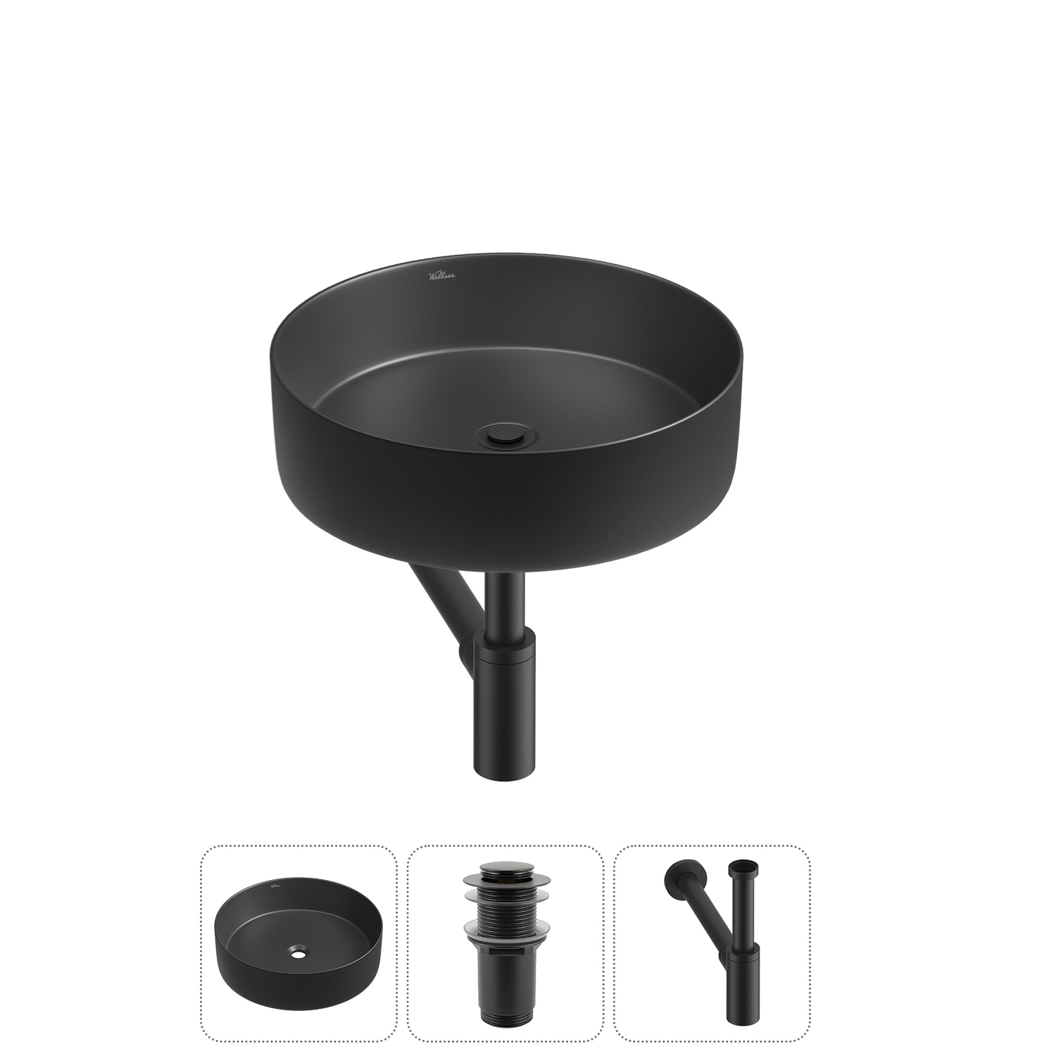 Изображение товара Раковина Wellsee coax 36см 3 в 1 с сифоном и клапаном черная матовая