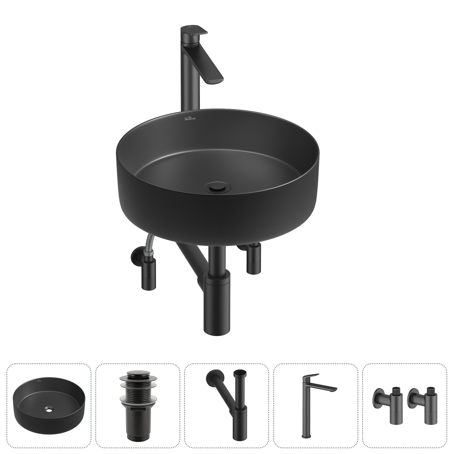 Изображение товара Раковина Wellsee coax 20213993R 40см черная матовая - комплект 5 в 1 с сифоном смесителем и вентиля