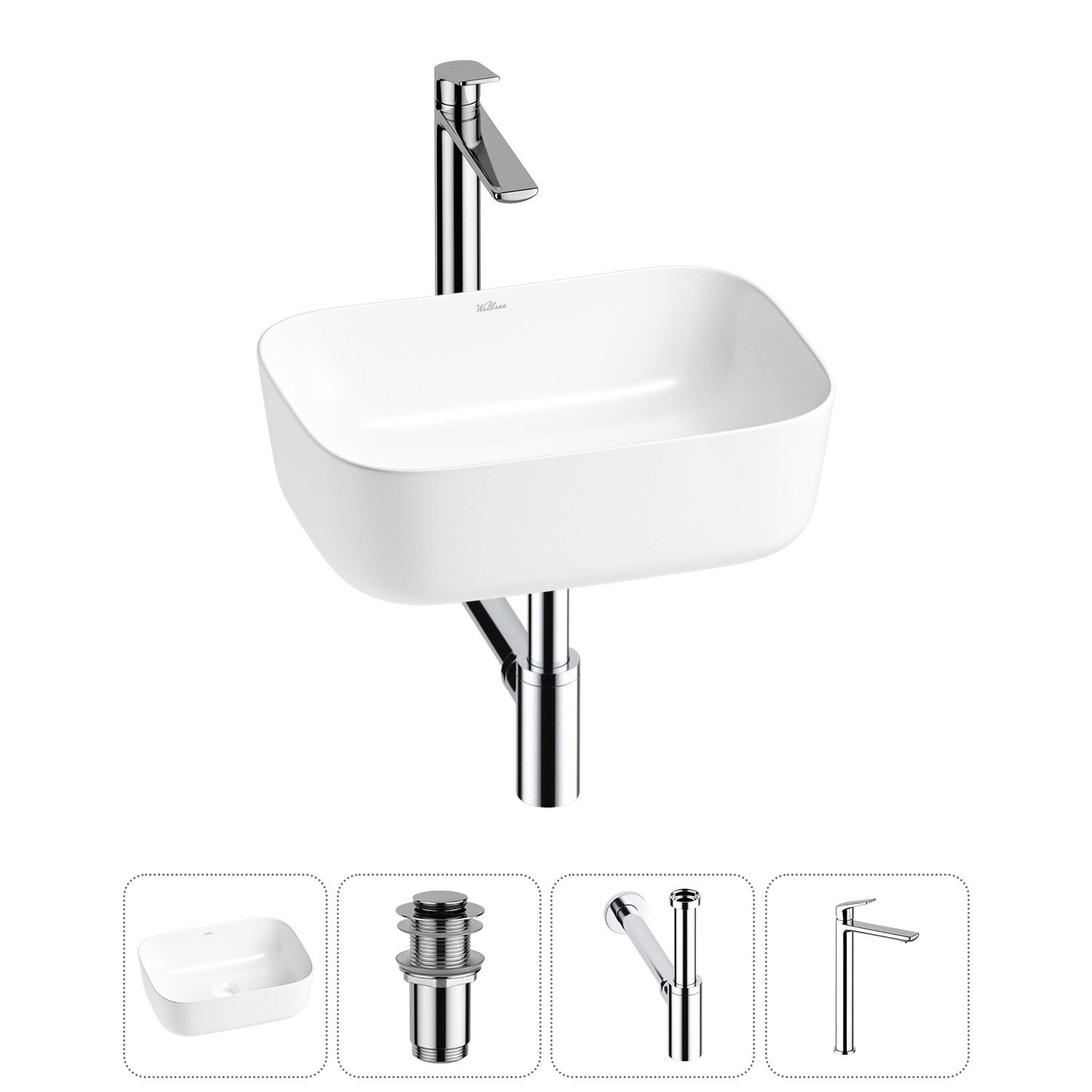 Изображение товара Накладная раковина Wellsee Preen 20214211R с донным клапаном сифоном и смесителем