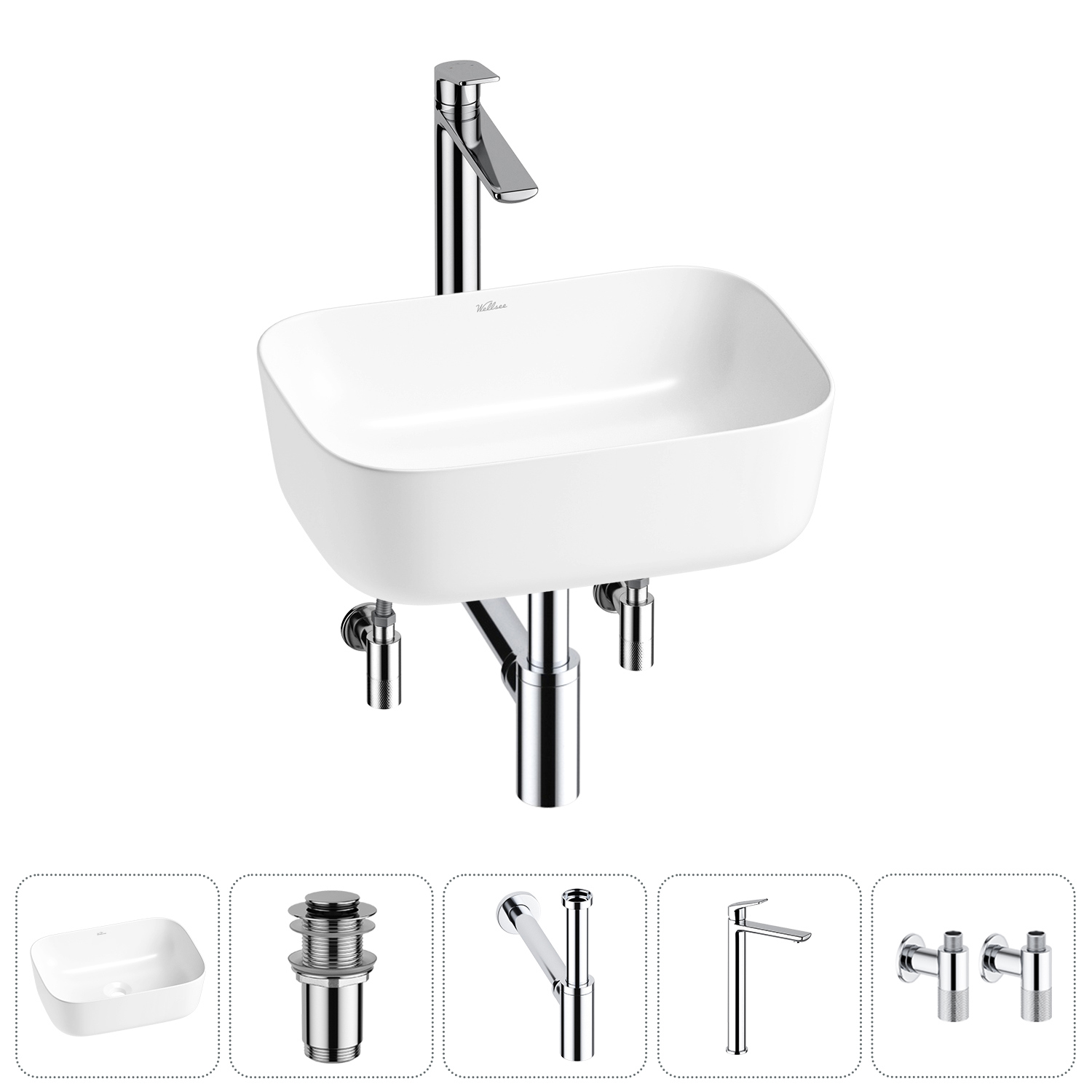 Изображение товара Раковина Wellsee preen 20214215R 40 см комплект с сифоном смесителем и вентилями