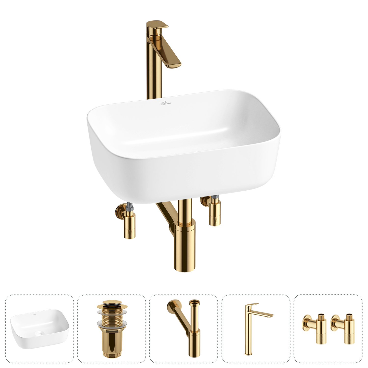 Изображение товара Раковина Wellsee Preen 20214217R 40см белая комплект с сифоном смесителем и вентиля
