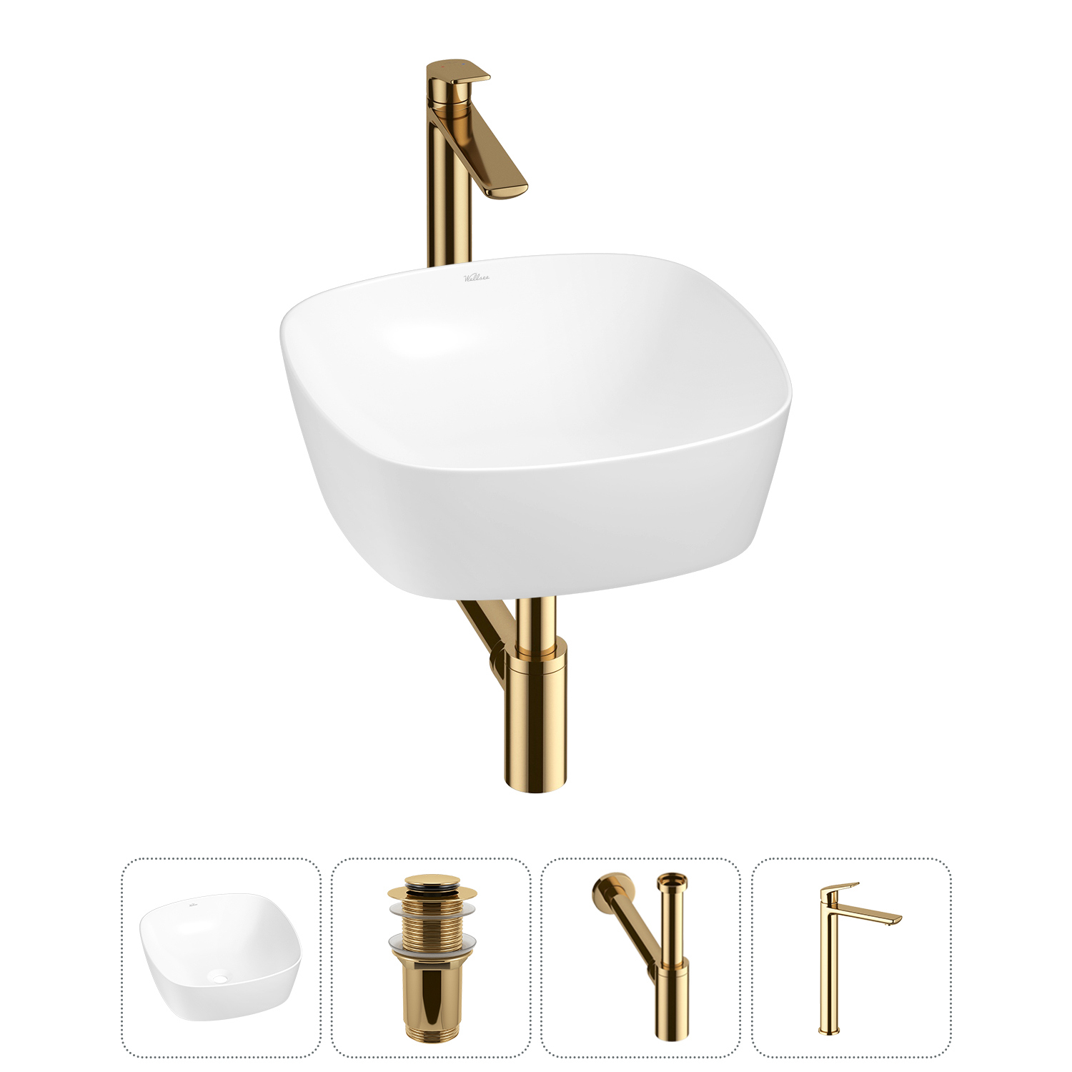 Изображение товара Раковина Wellsee Ground Breaking 20212135R 40 см с сифоном и смесителем в цвете золото