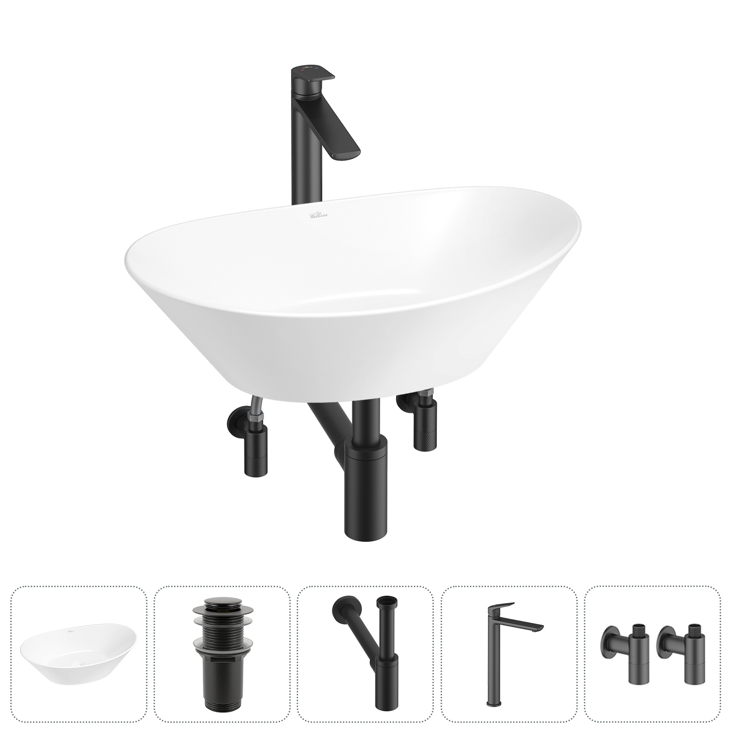 Изображение товара Раковина Wellsee Dulcet Tones 20212214R 36см комплект с сифоном смесителем и вентили белая глянцева