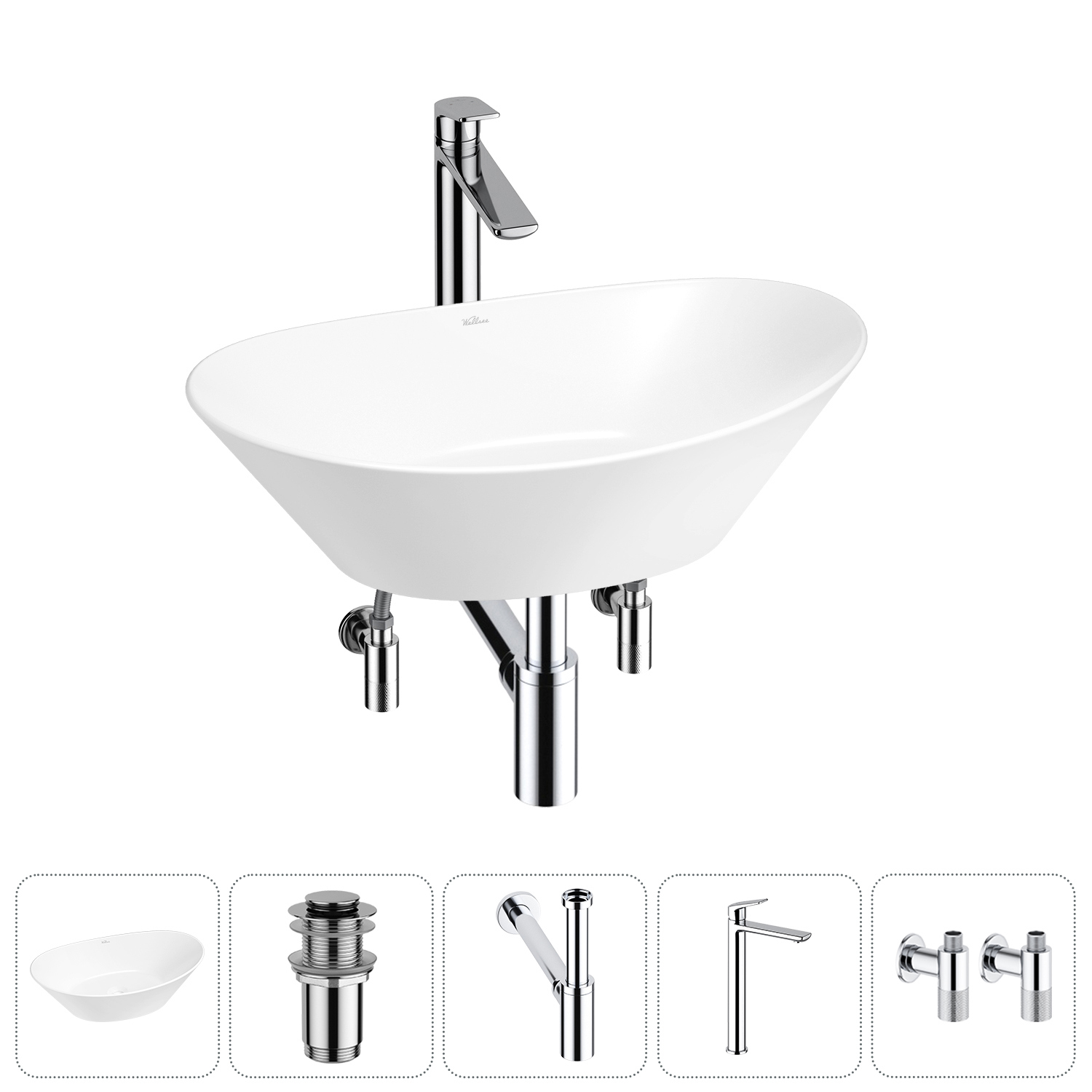 Изображение товара Раковина Wellsee dulcet tones 46 см комплект 5 в 1 с сифоном и смесителем