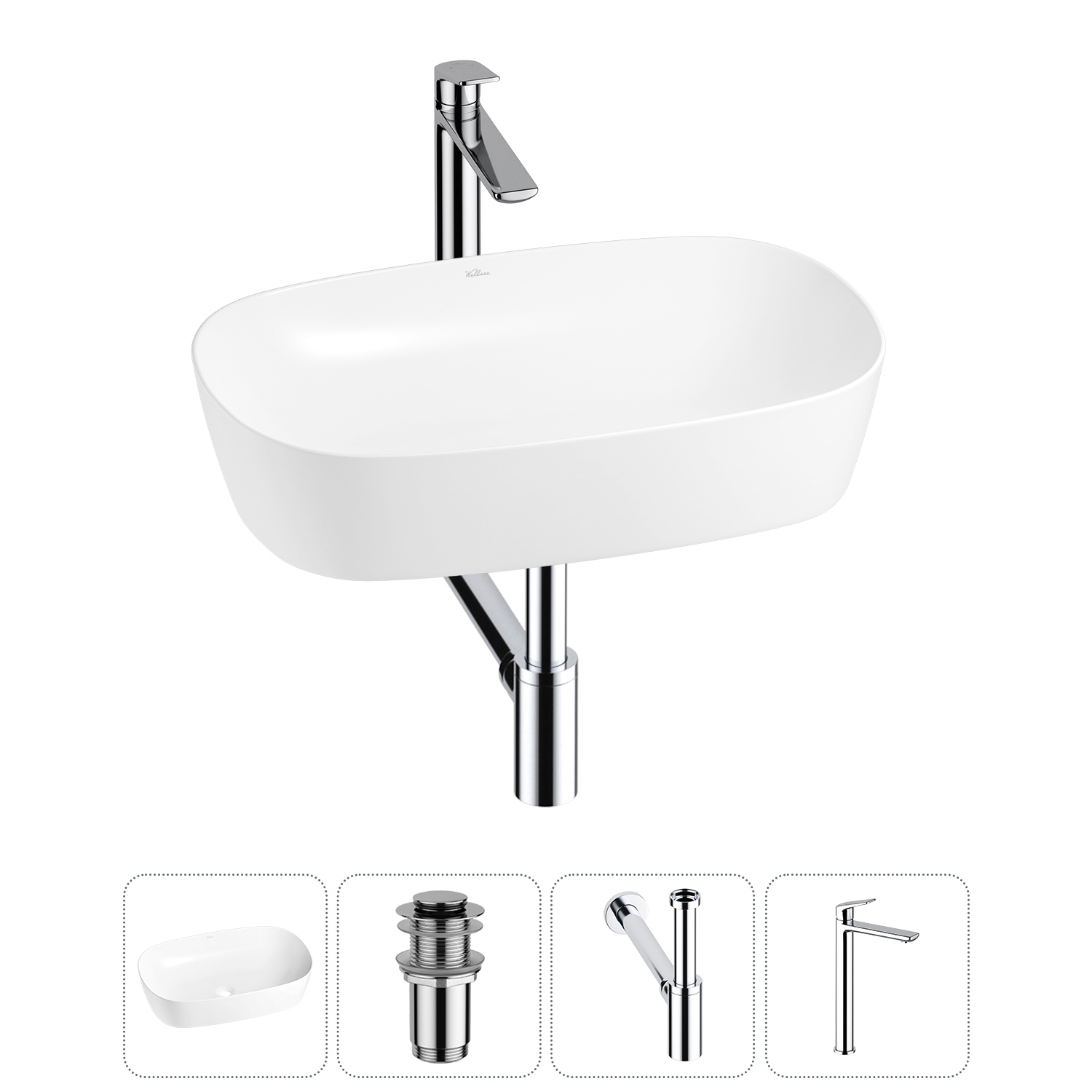 Изображение товара Раковина Wellsee 50 см 4 в 1 с сифоном смесителем и клапаном белая