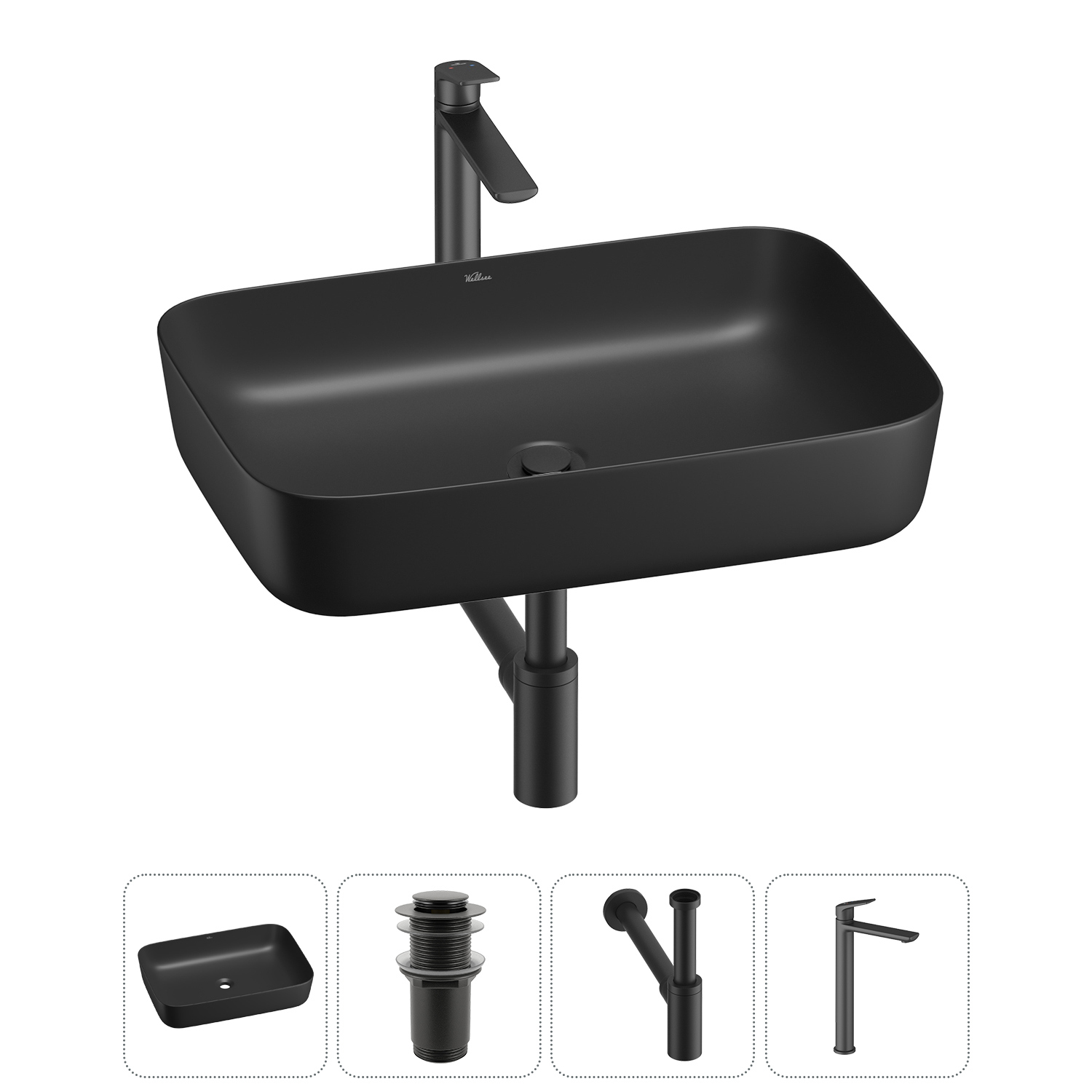 Изображение товара Раковина Wellsee preen 20214270R 50см матовый черный с сифоном и смесителем