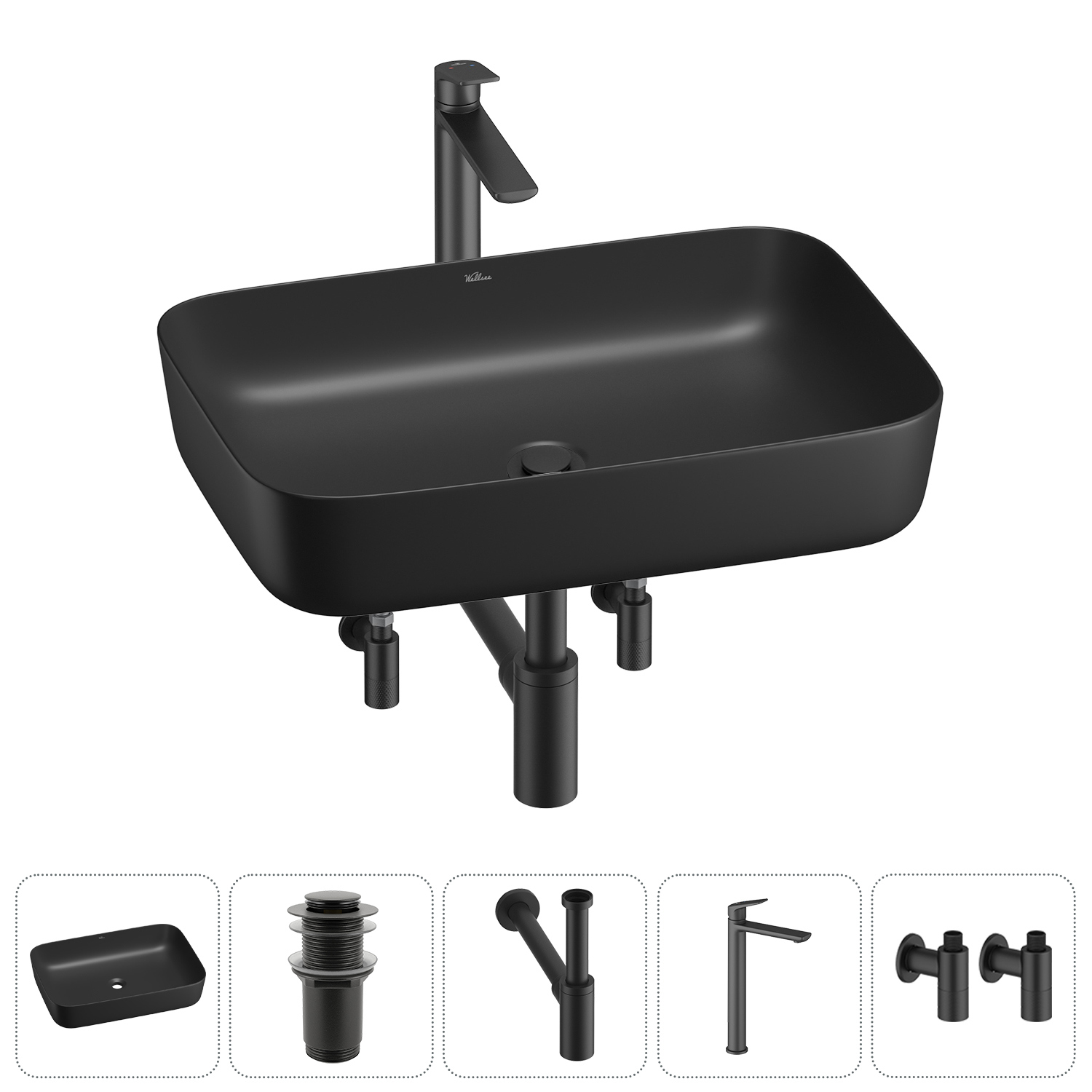 Изображение товара Раковина Wellsee preen 50см комплект с сифоном и смесителем матовая черная