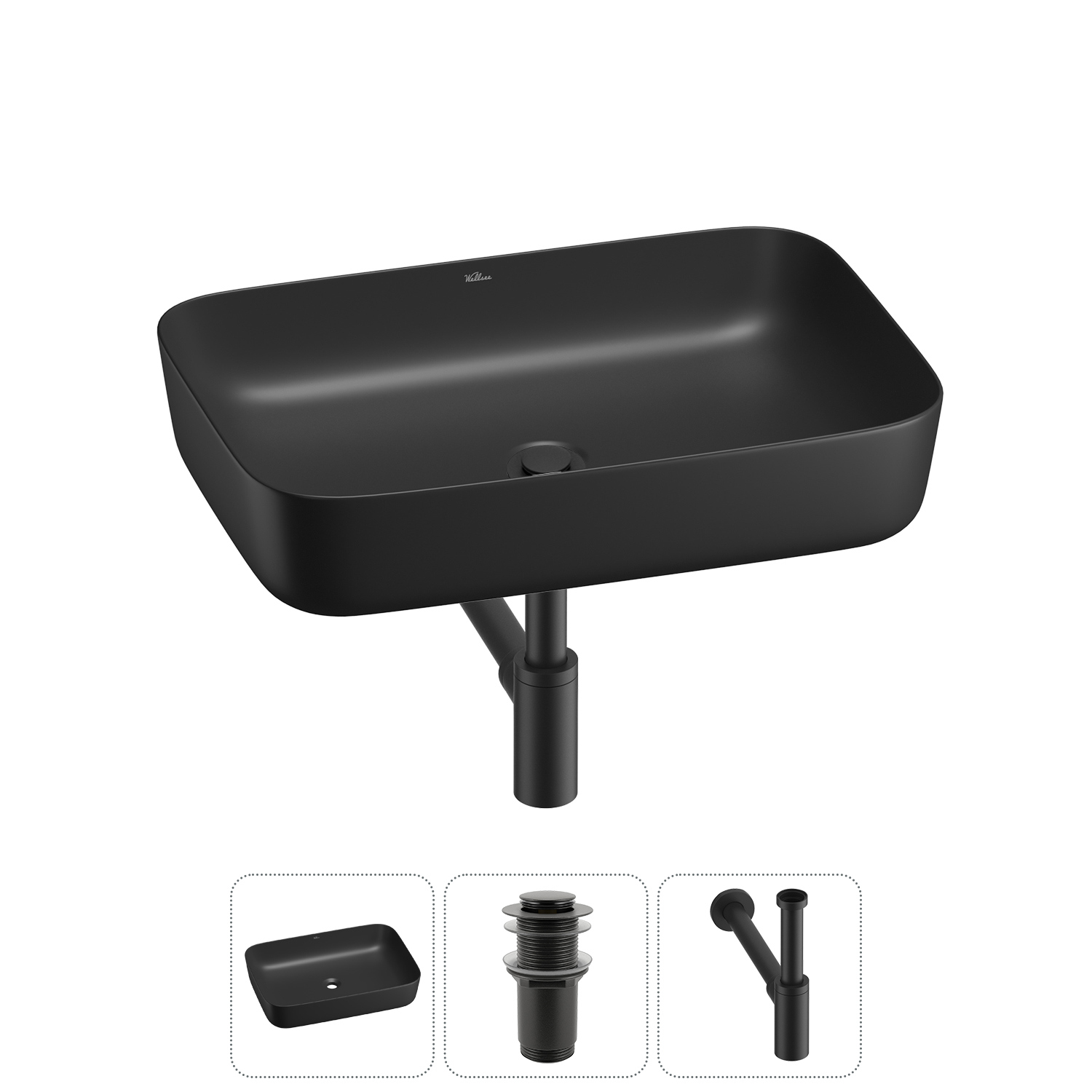 Изображение товара Раковина Wellsee preen 20214279R 60см 3 в 1 черная матовая с сифоном и клапаном