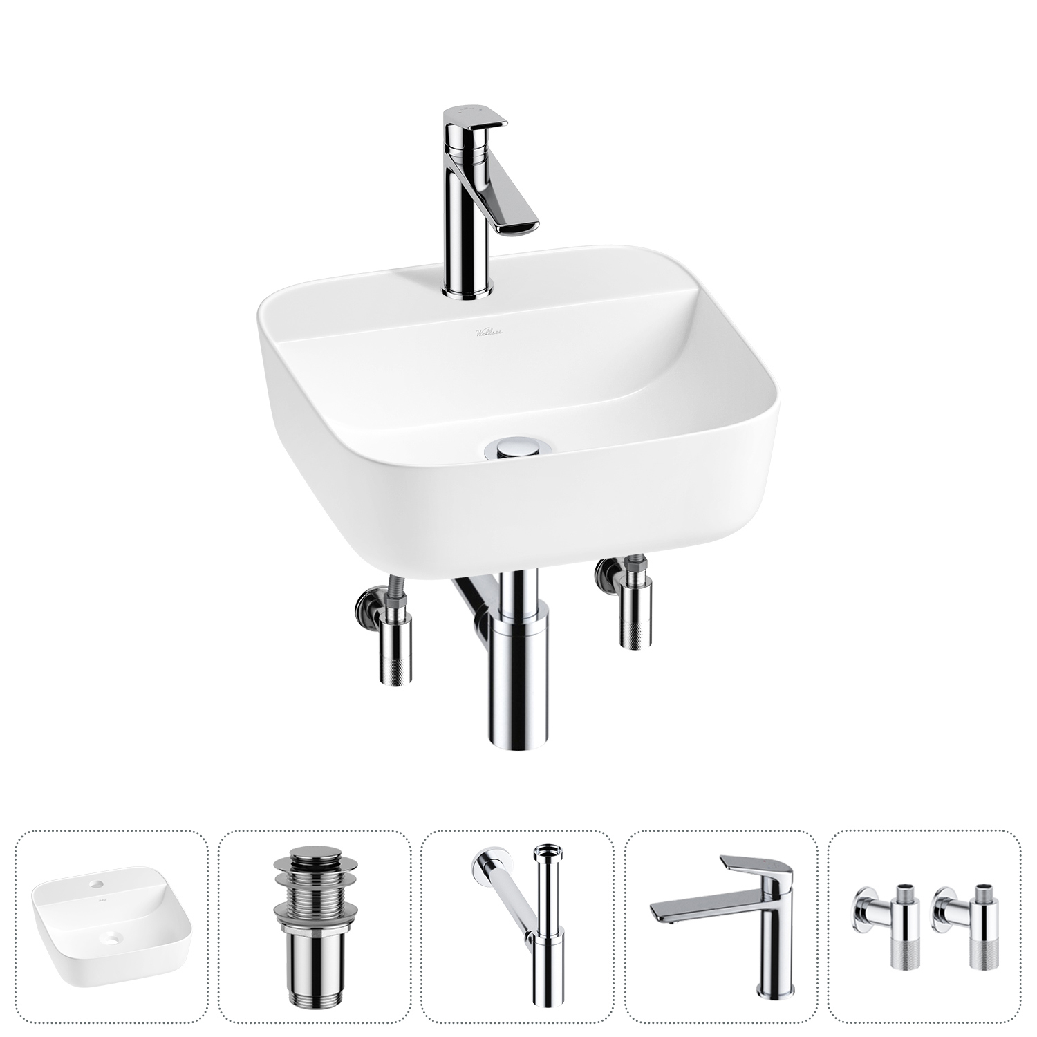 Изображение товара Раковина Wellsee Preen 20214299R 40 см с сифоном смесителем и вентилями