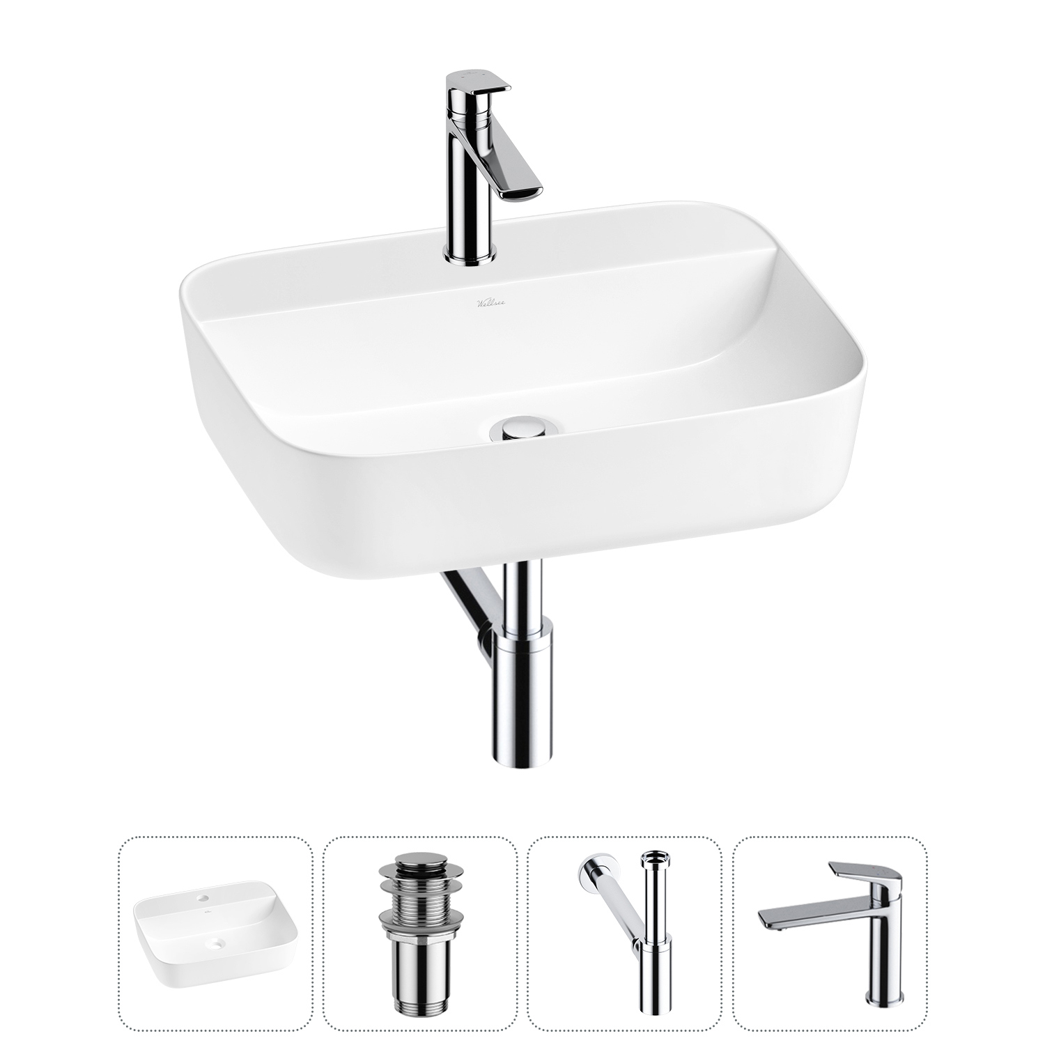 Изображение товара Раковина Wellsee Preen 20214323R 50 см с сифоном смесителем и клапаном