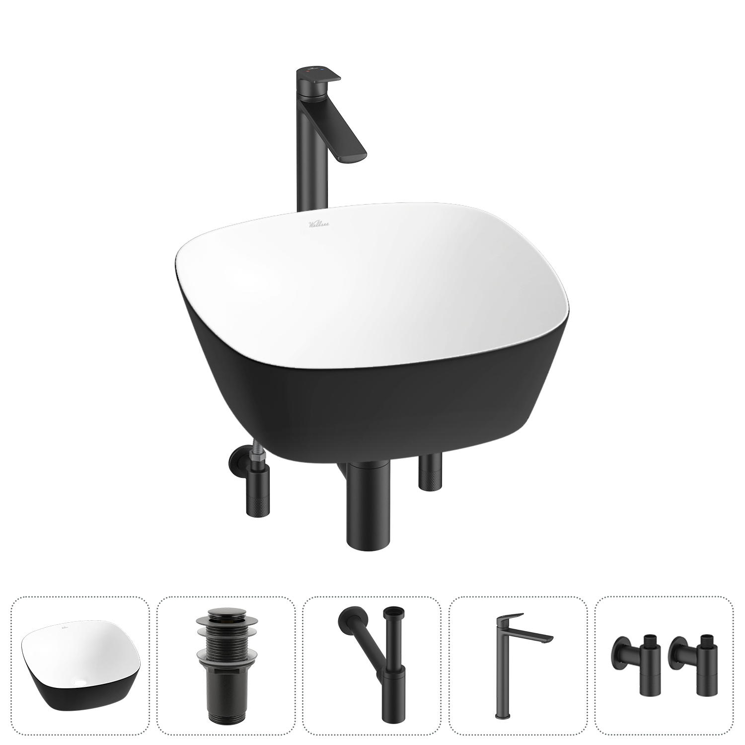 Изображение товара Раковина Wellsee ground breaking 20212183R 40см 5 в 1 с сифоном смесителем и вентилями