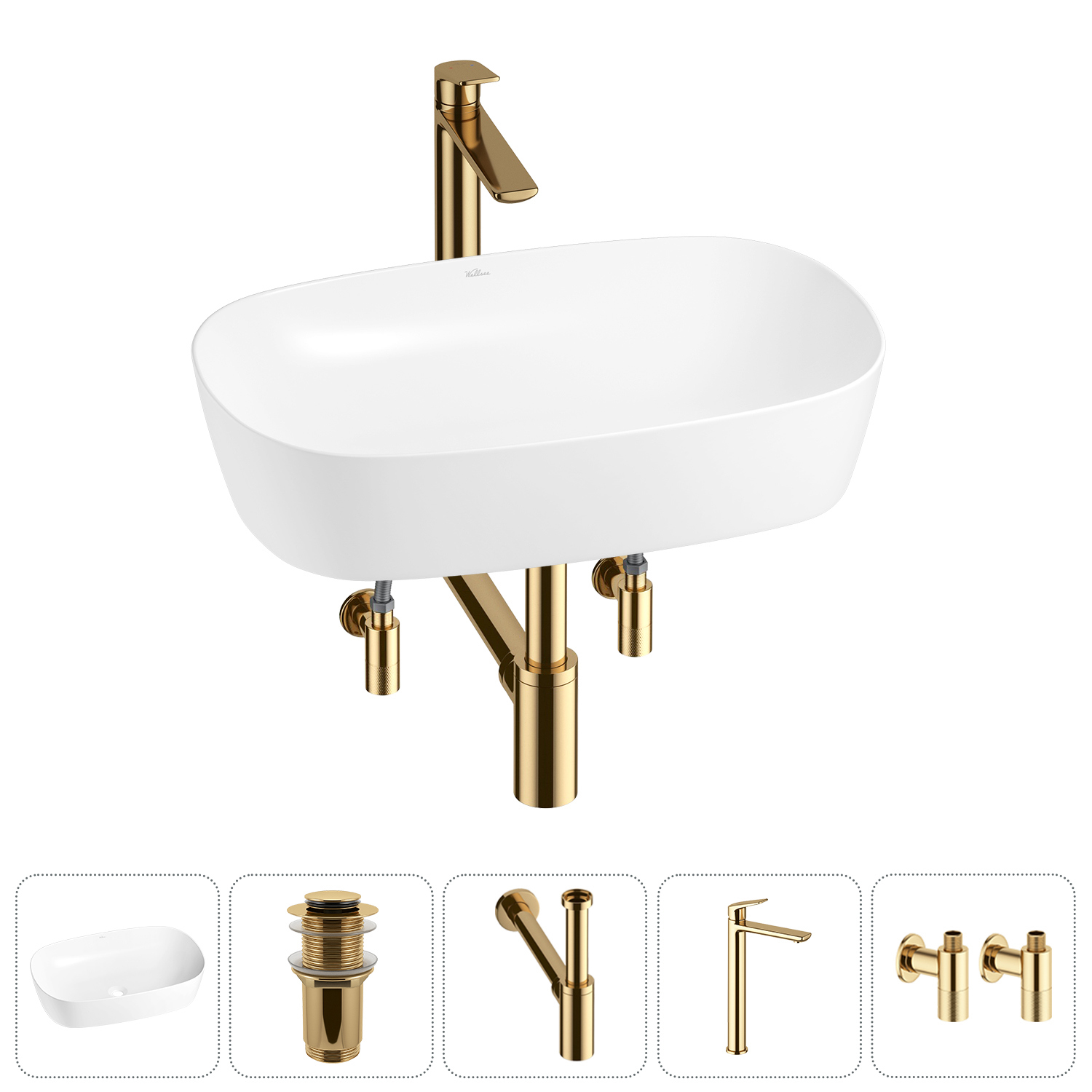 Изображение товара Раковина Wellsee ground breaking 20212347R 50см 5 в 1 комплект с сифоном смесителем и вентилями