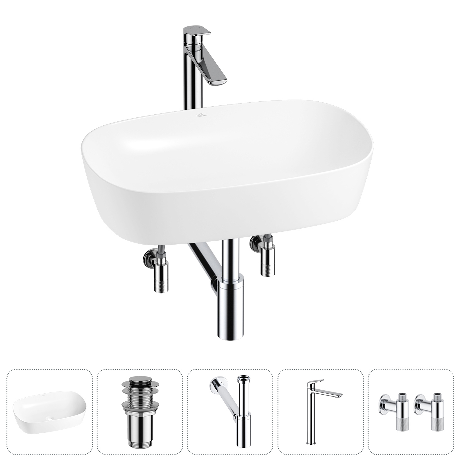 Изображение товара Раковина Wellsee ground breaking 20212361R 61см цвет раковина 5 в 1: д/к, сифон, смеситель, вентили