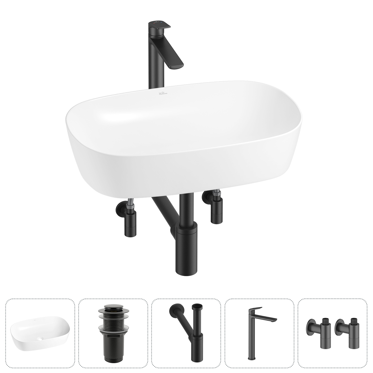 Изображение товара Раковина Wellsee ground breaking 20212362R 61см цвет раковина 5 в 1: д/к, сифон, смеситель, вентили