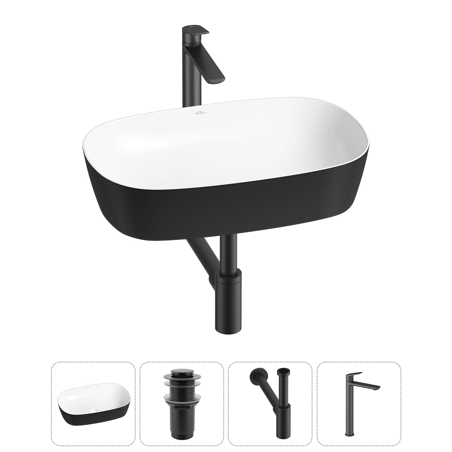 Изображение товара Раковина Wellsee ground breaking 50 см 4 в 1 с сифоном и смесителем черная