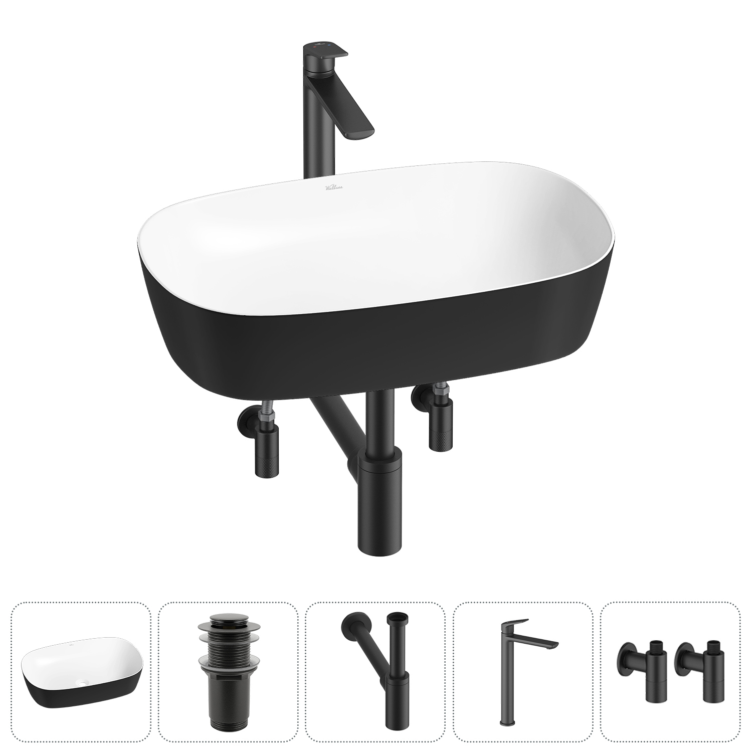 Изображение товара Раковина Wellsee Ground Breaking 20212375R 50 см черная 5 в 1 с сифоном смесителем и вентилями