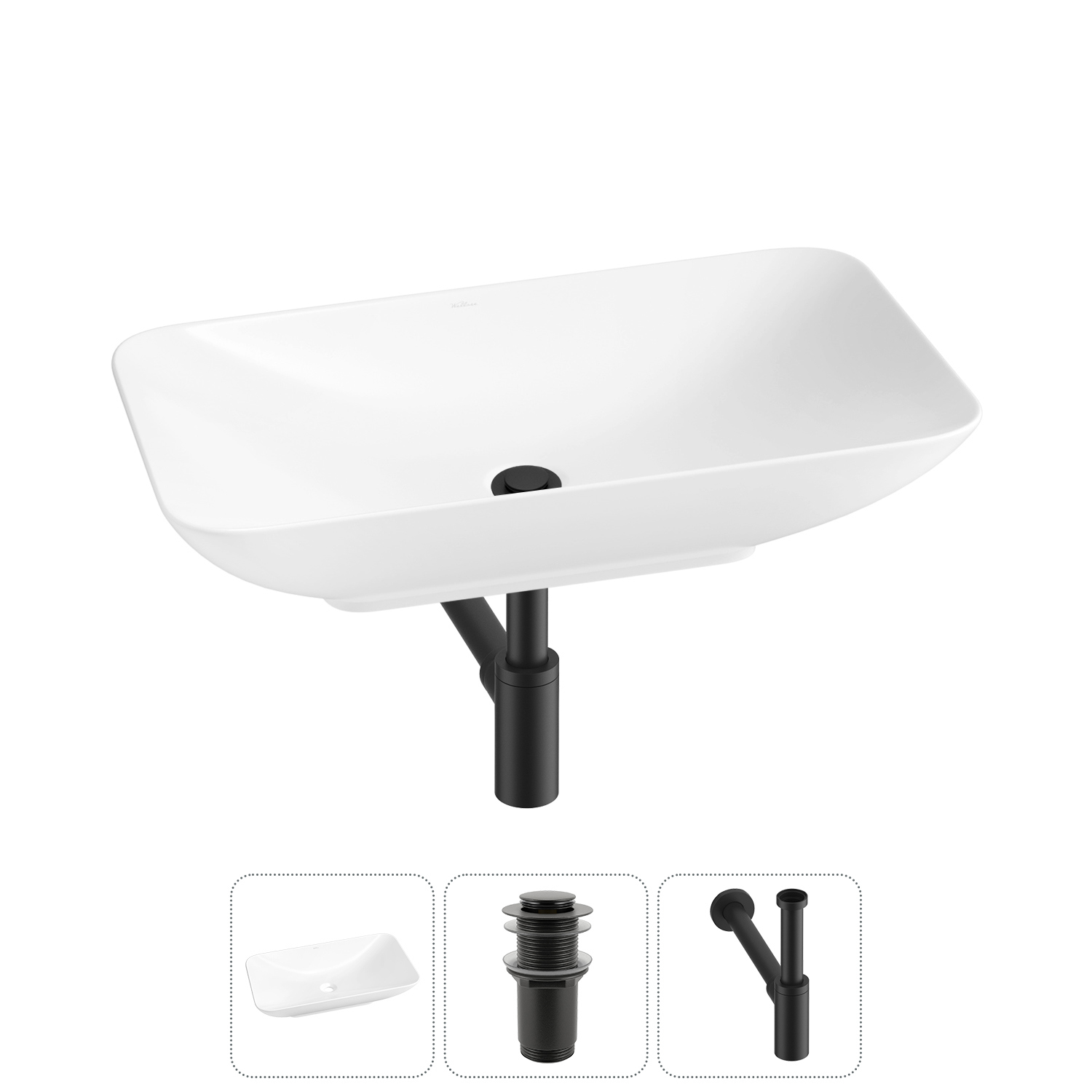 Изображение товара Раковина Wellsee demure 60см 3 в 1 из RefCeram® с сифоном и клапаном