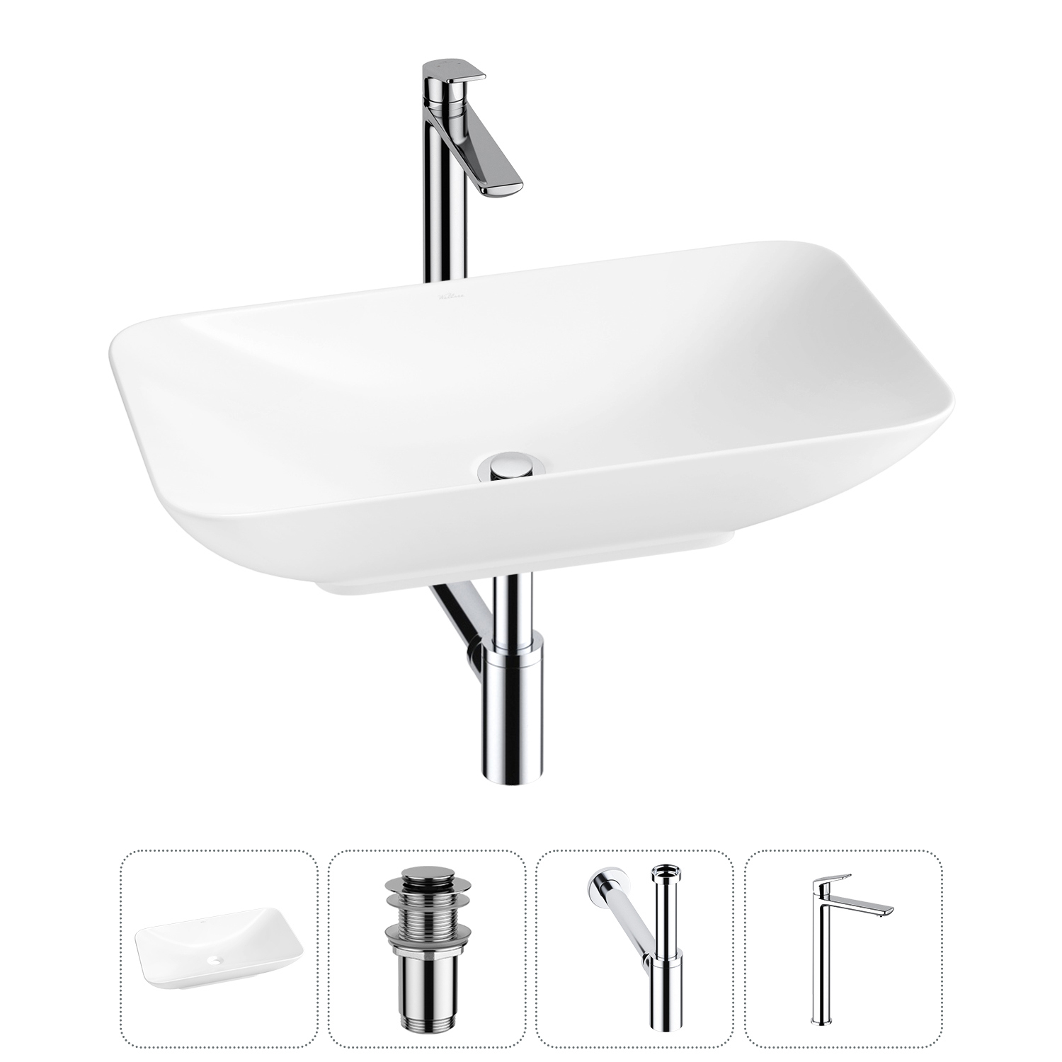 Изображение товара Раковина Wellsee Demure 60 см 4 в 1 с сифон и смесителем белая