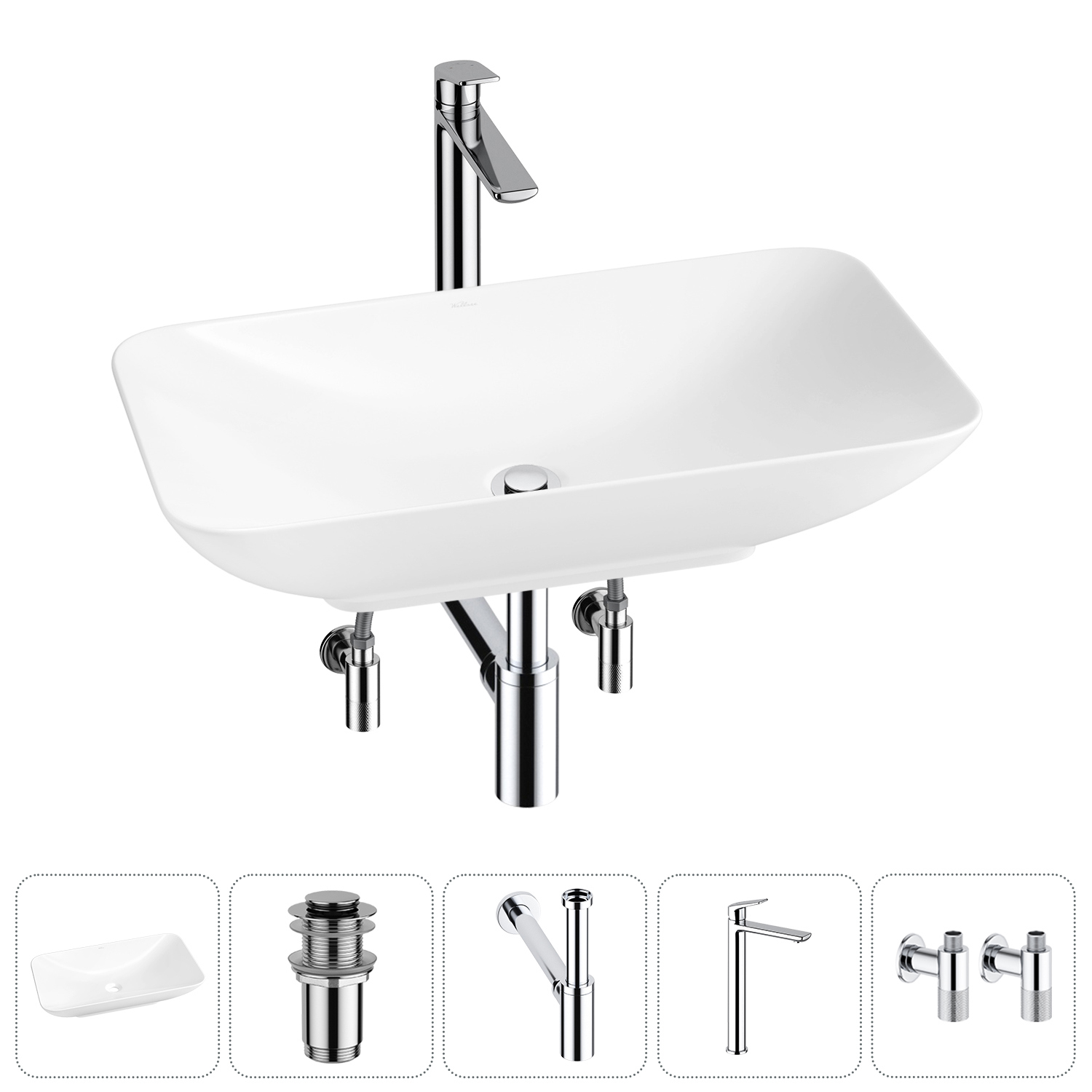 Изображение товара Раковина Wellsee Demure 60 см 5 в 1 с сифоном смесителем и вентилями Польша