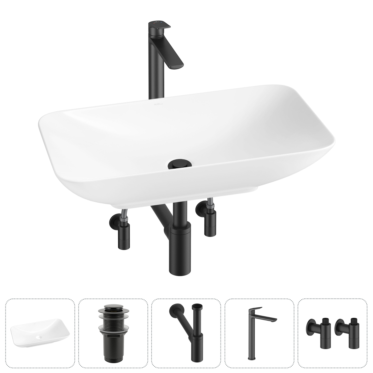 Изображение товара Раковина Wellsee Demure 60см 5 в 1 с сифоном смесителем и вентилями