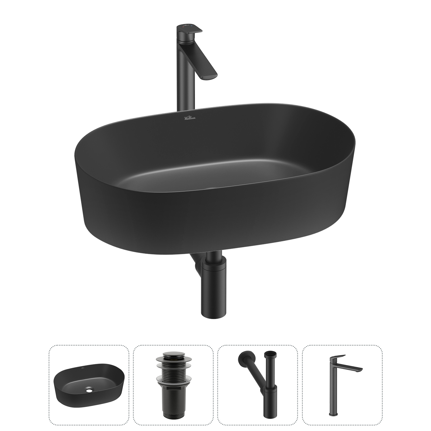 Изображение товара Раковина Wellsee Saint-Germain 56 см 4 в 1 матовый черный комплект